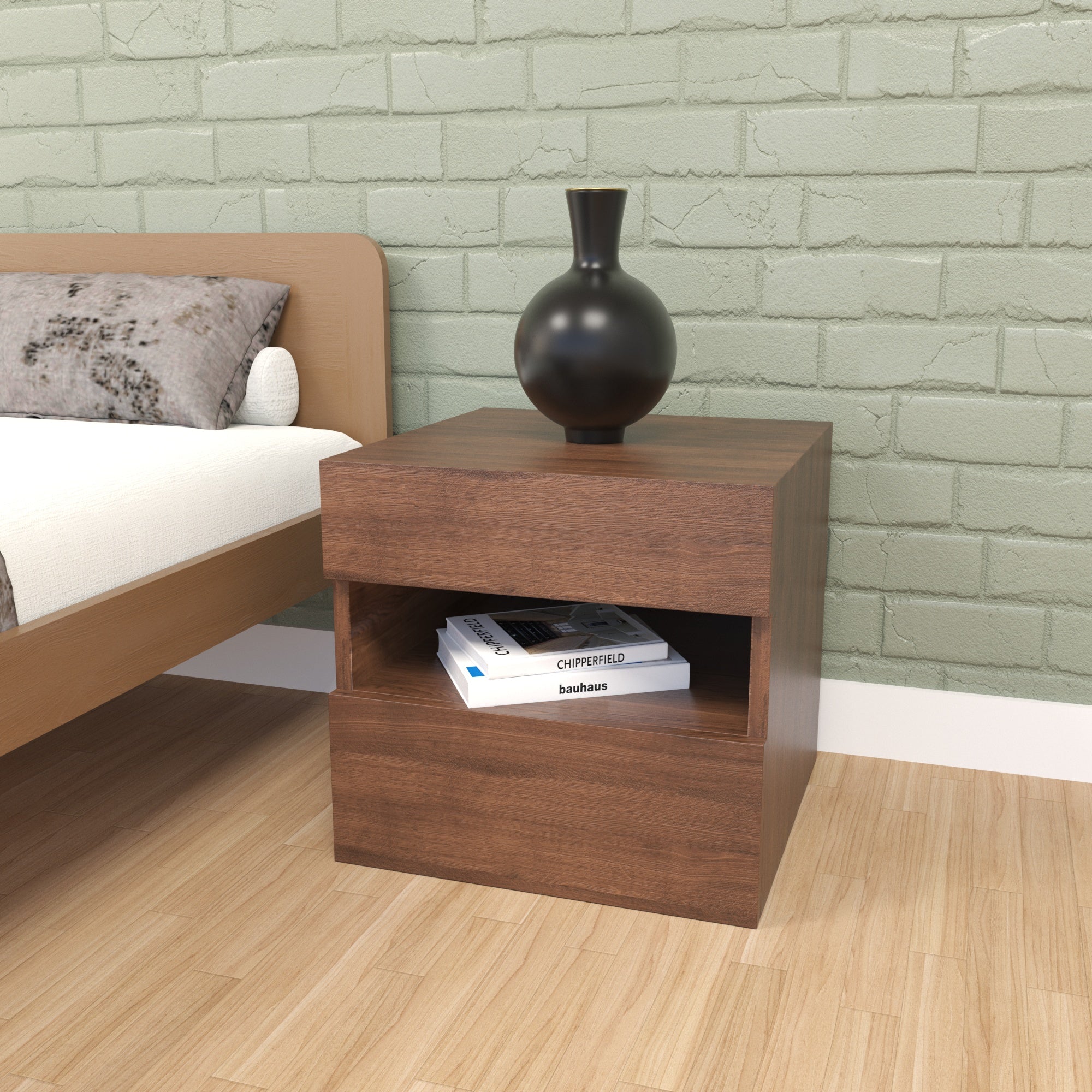 Modern Walnut-Finish Bedside Table with Open Storage Bedside