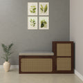 Handcrafted Wooden Storage Bench with Cane Webbing and Cushioned Top Shoe rack