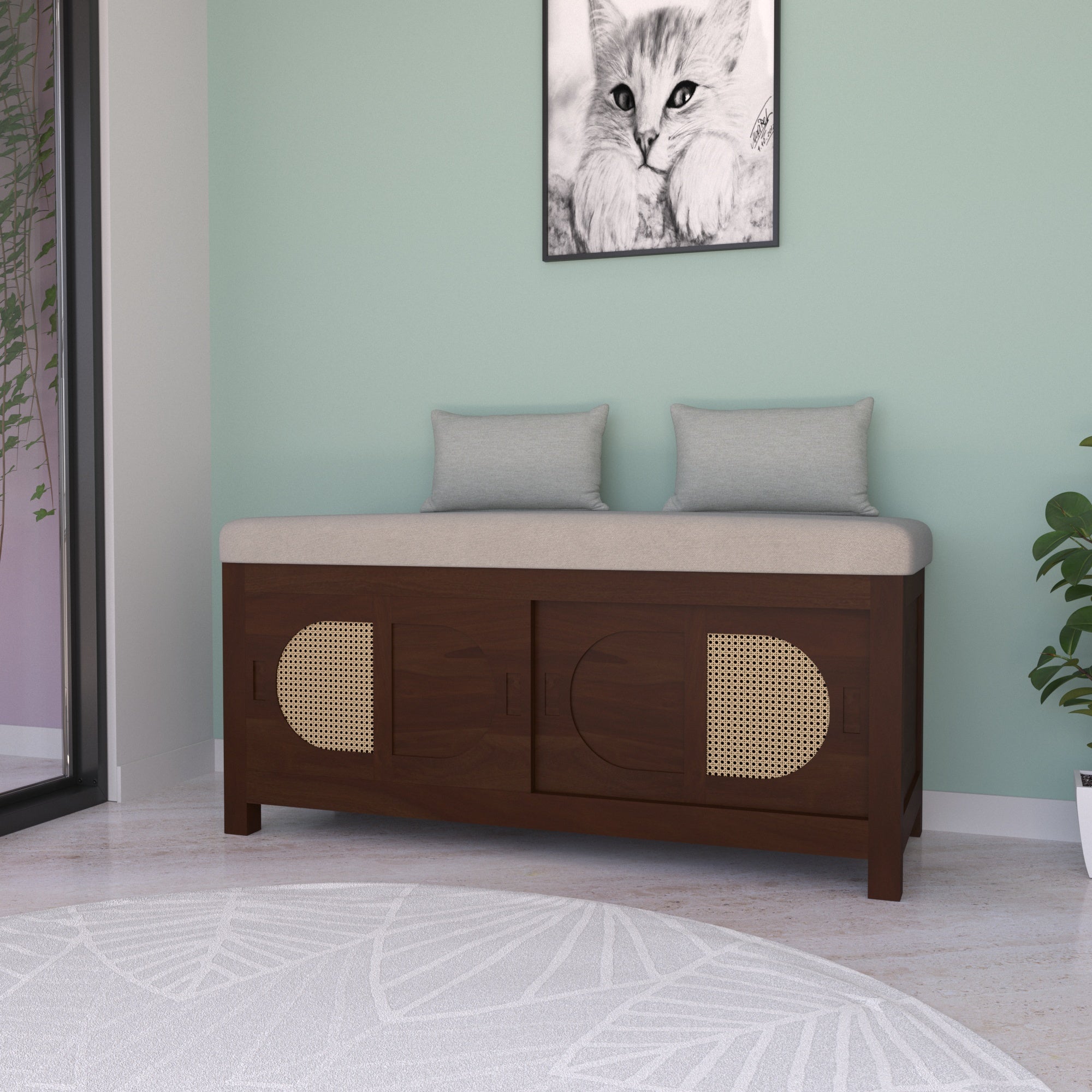 Handcrafted Wooden Storage Bench with Circular Cane Webbing Bench