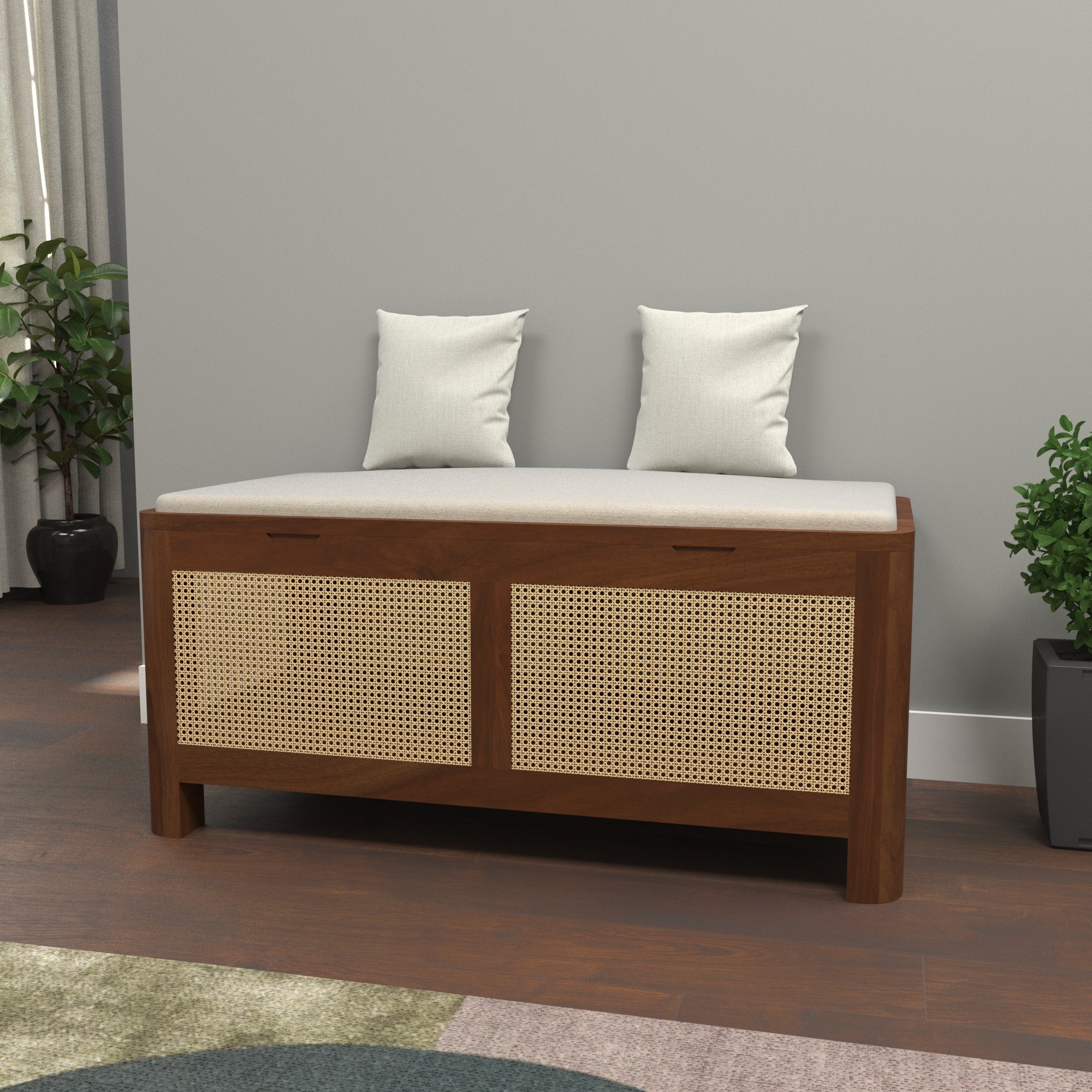 Handcrafted Wooden Storage Bench with 360-Degree Cane Webbing - Grey Cushioned Top Bench