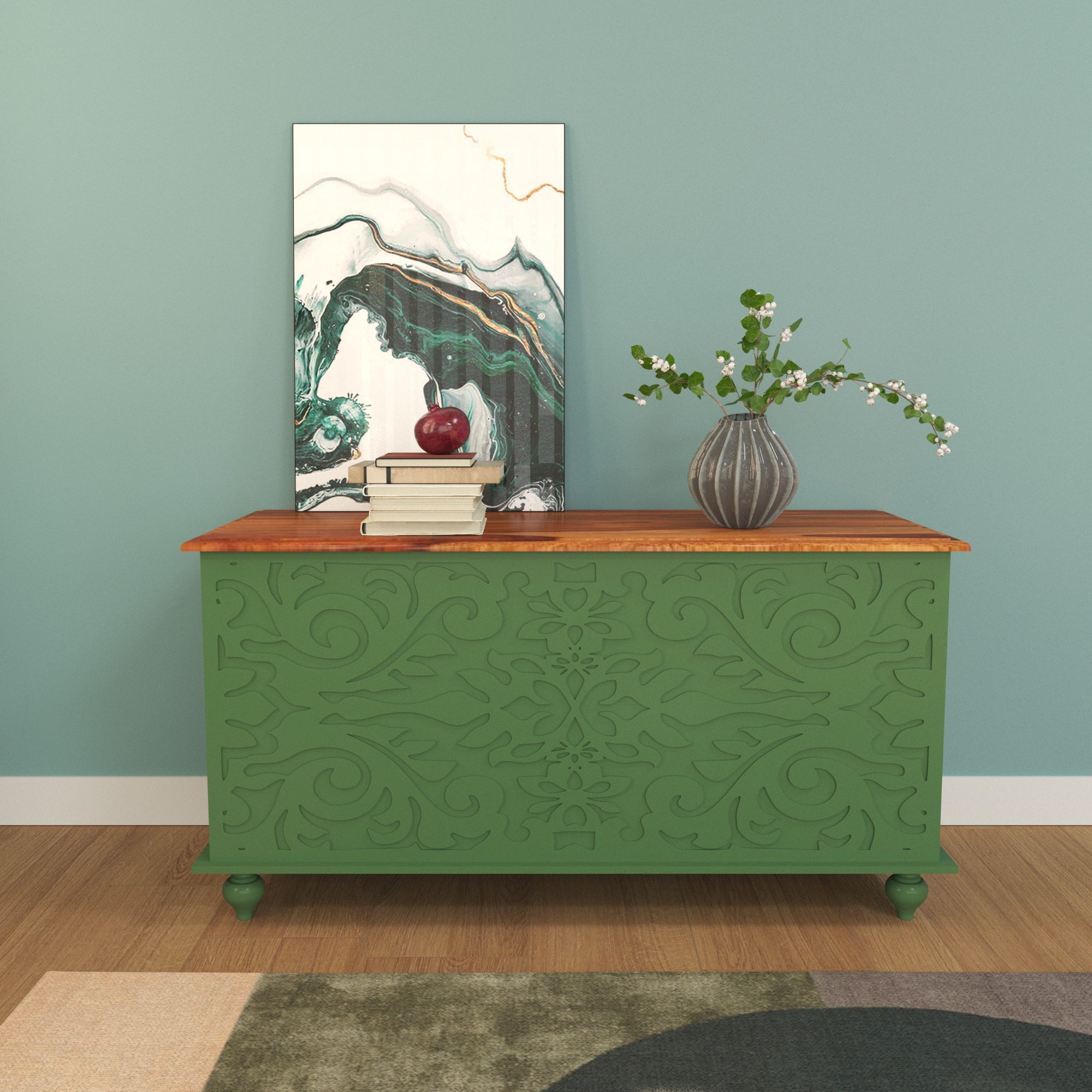 Handcrafted Green Painted Storage Chest with Carved Floral Patterns - Wooden Top Wooden Box