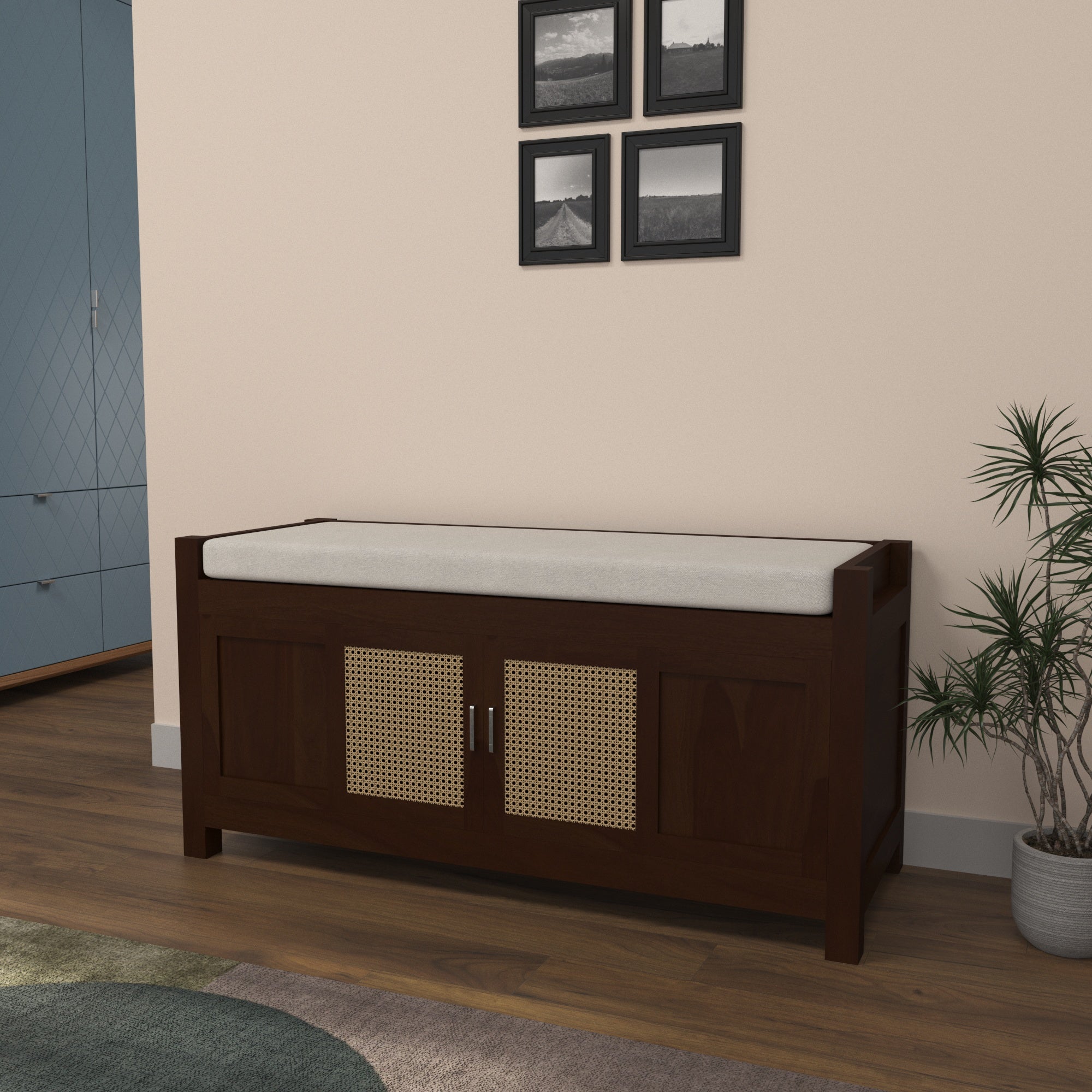 Handcrafted Wooden Storage Bench with Cane Webbing Doors - Grey Cushioned Top Bench