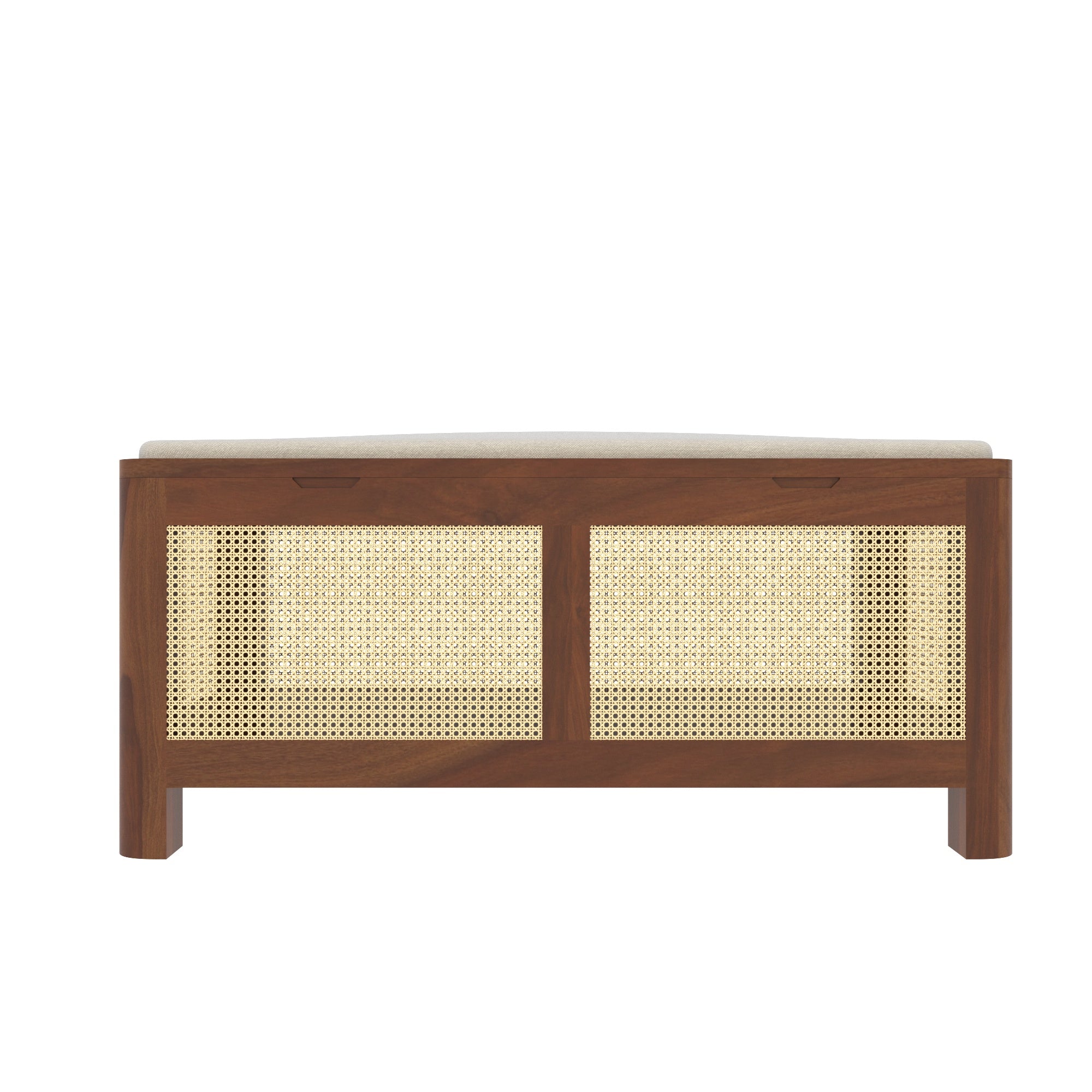 Handcrafted Wooden Storage Bench with 360-Degree Cane Webbing - Grey Cushioned Top Bench