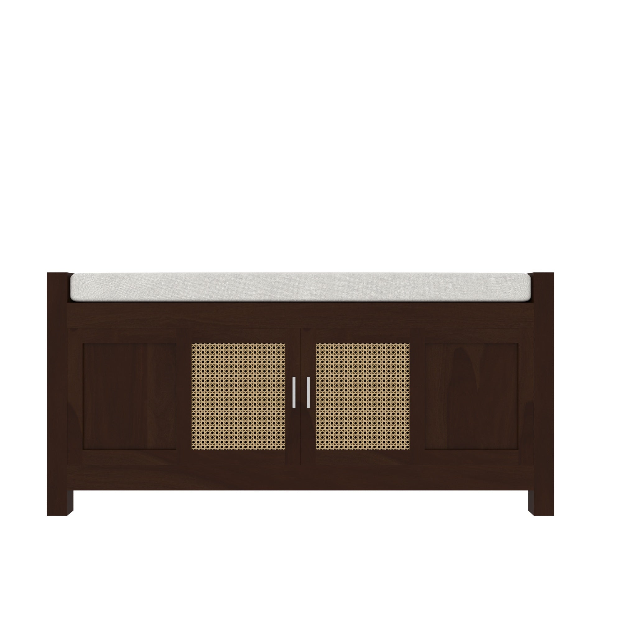Handcrafted Wooden Storage Bench with Cane Webbing Doors - Grey Cushioned Top Bench