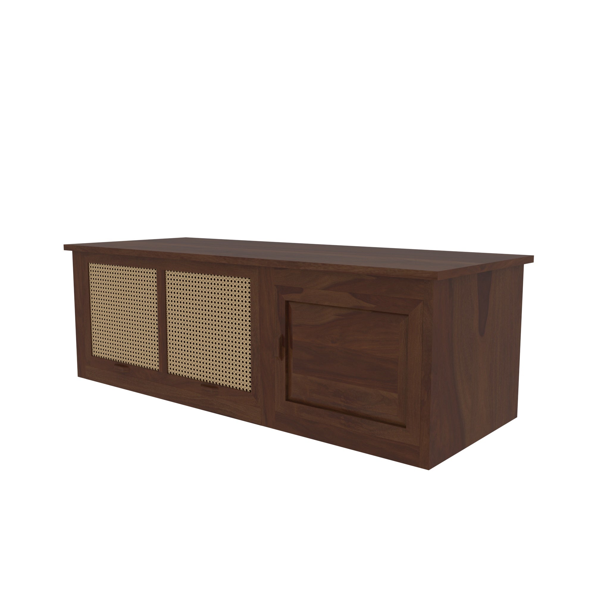 Handcrafted Wooden Storage Bench with Cane Webbing - White Cushioned Top Bench