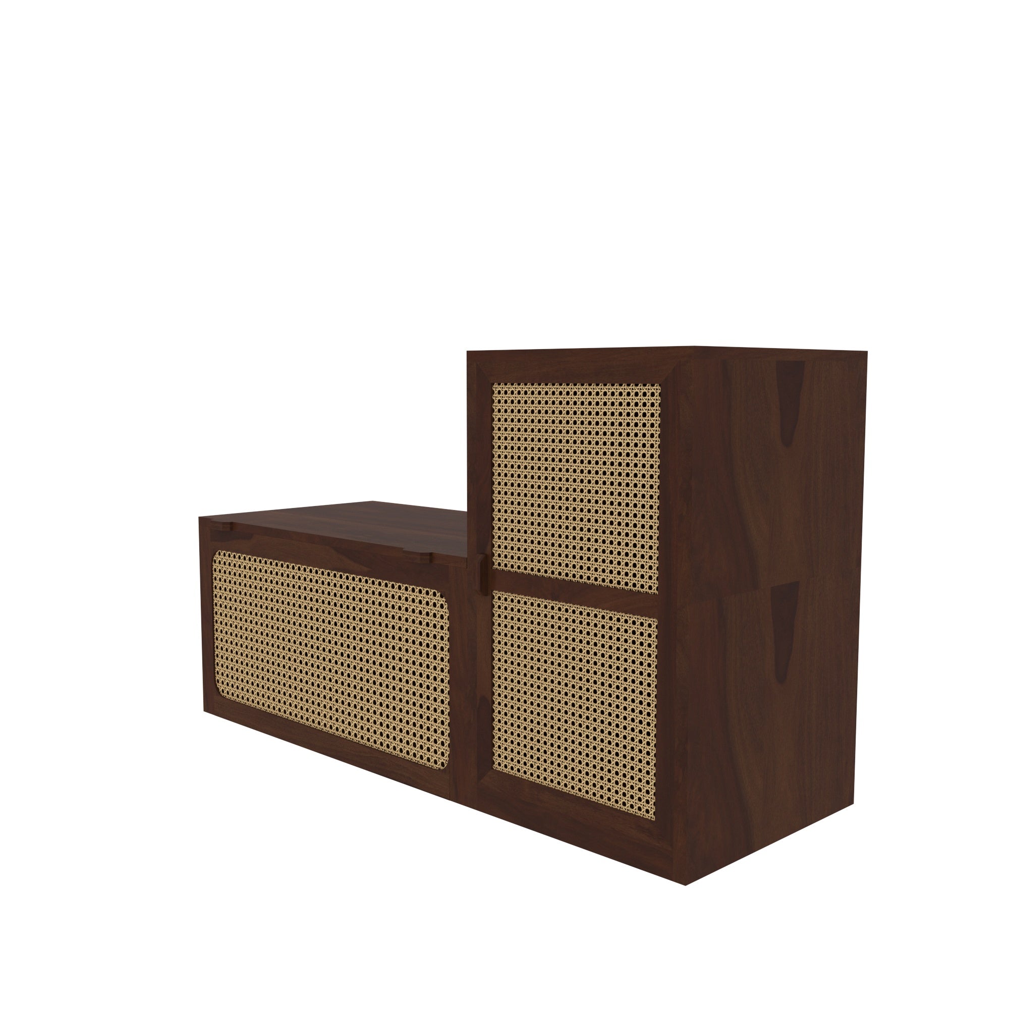 Handcrafted Wooden Storage Bench with Cane Webbing and Cushioned Top Shoe rack