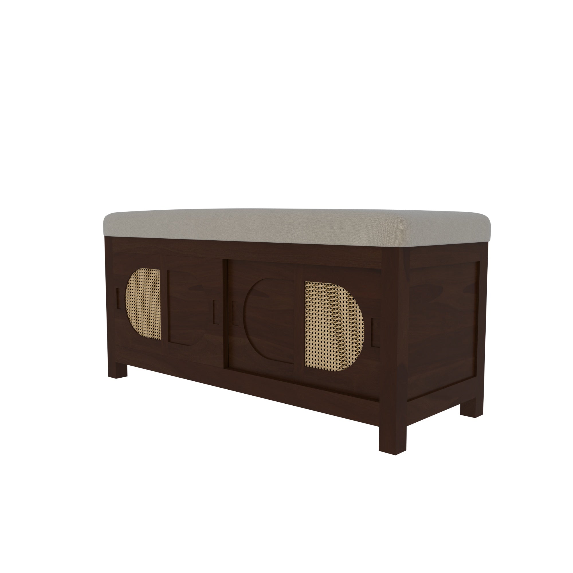 Handcrafted Wooden Storage Bench with Circular Cane Webbing Bench