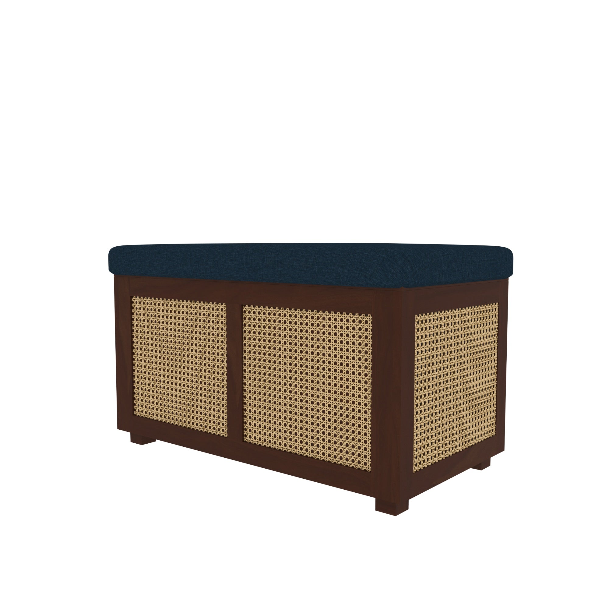 Handcrafted Wooden Storage Ottoman with Cane Webbing - Navy Blue Cushioned Top Bench