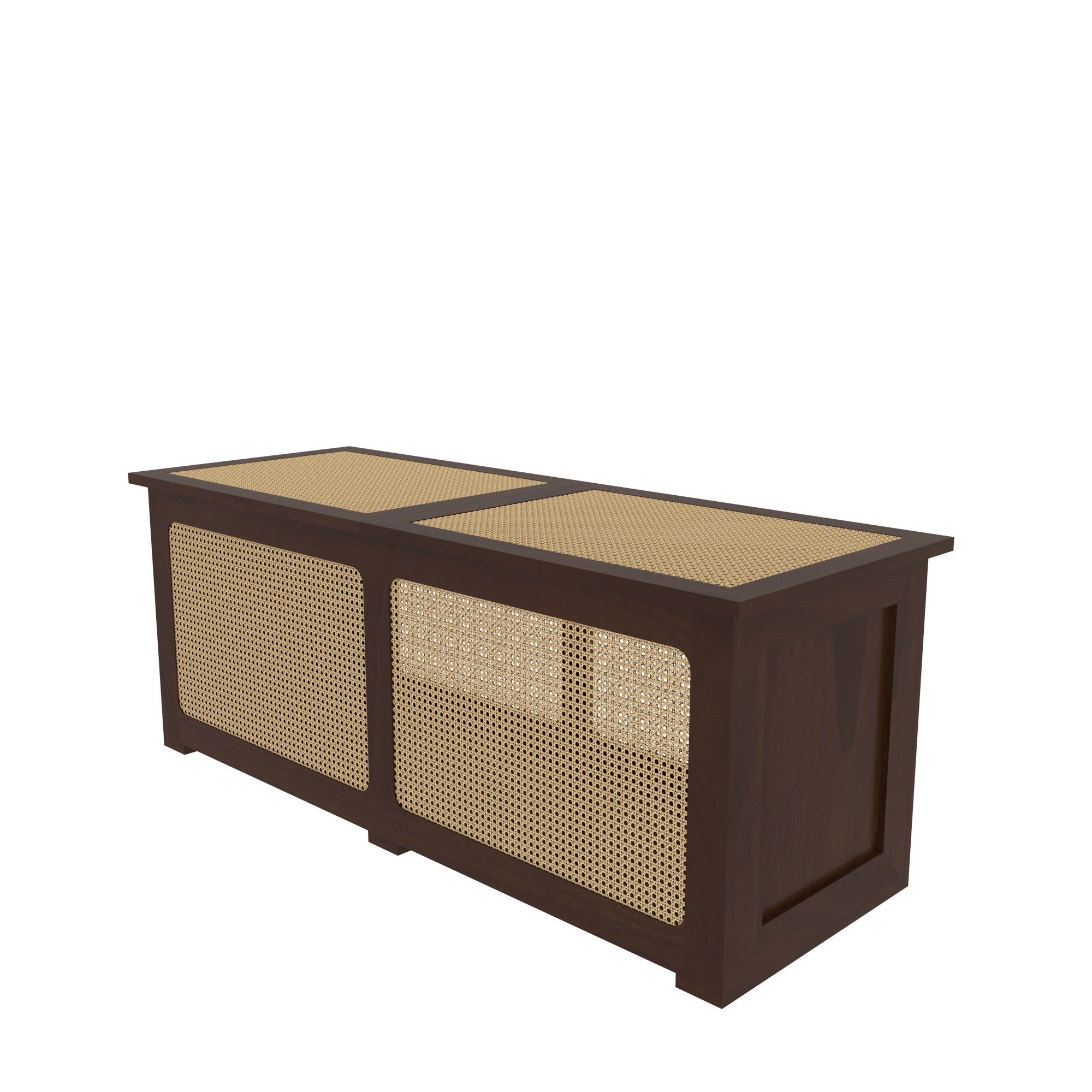 Handcrafted Large Wooden Storage Chest with Cane Webbing - Lift-Top Trunk Bench