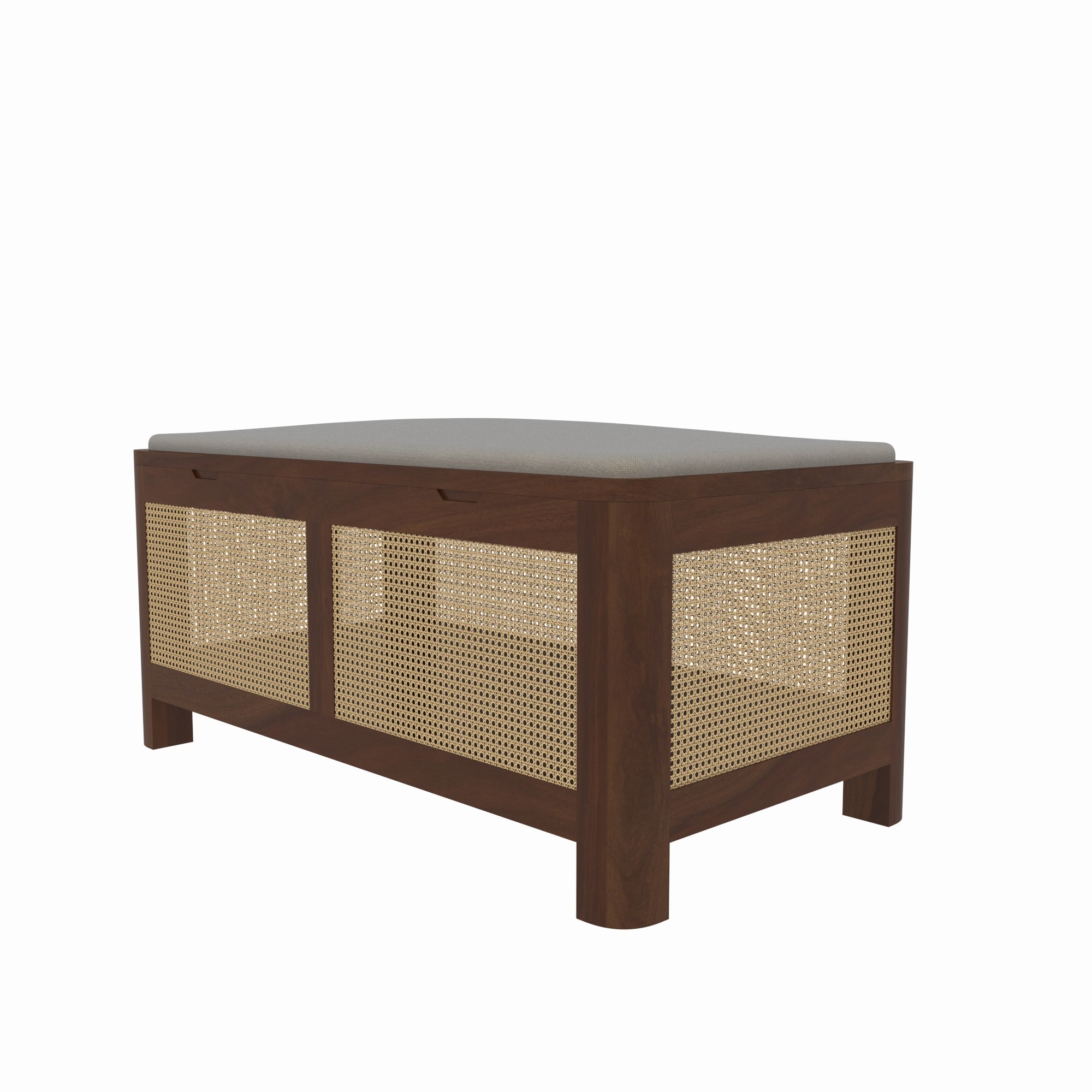 Handcrafted Wooden Storage Bench with 360-Degree Cane Webbing - Grey Cushioned Top Bench