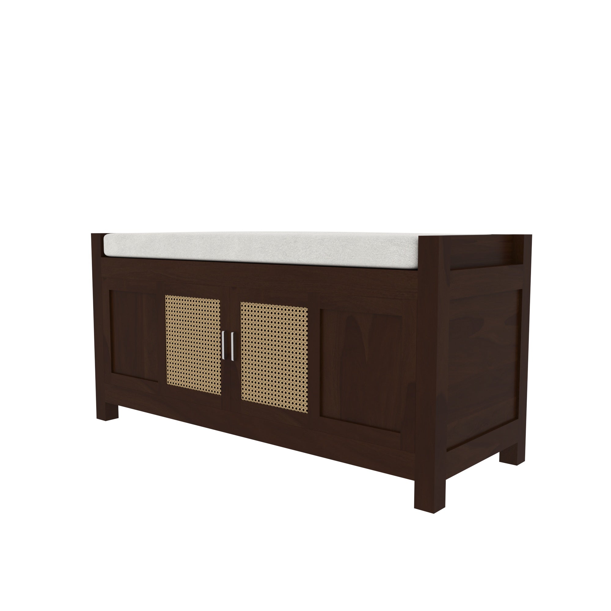 Handcrafted Wooden Storage Bench with Cane Webbing Doors - Grey Cushioned Top Bench