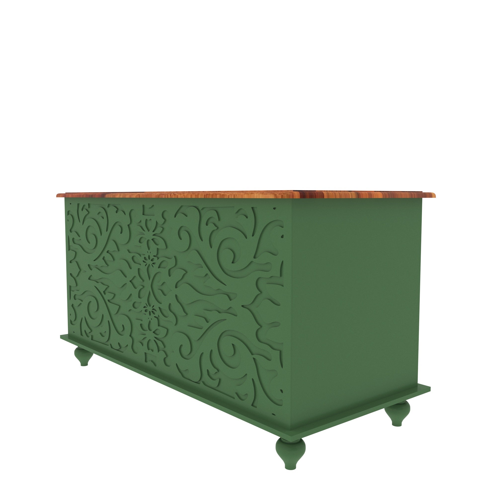 Handcrafted Green Painted Storage Chest with Carved Floral Patterns - Wooden Top Wooden Box
