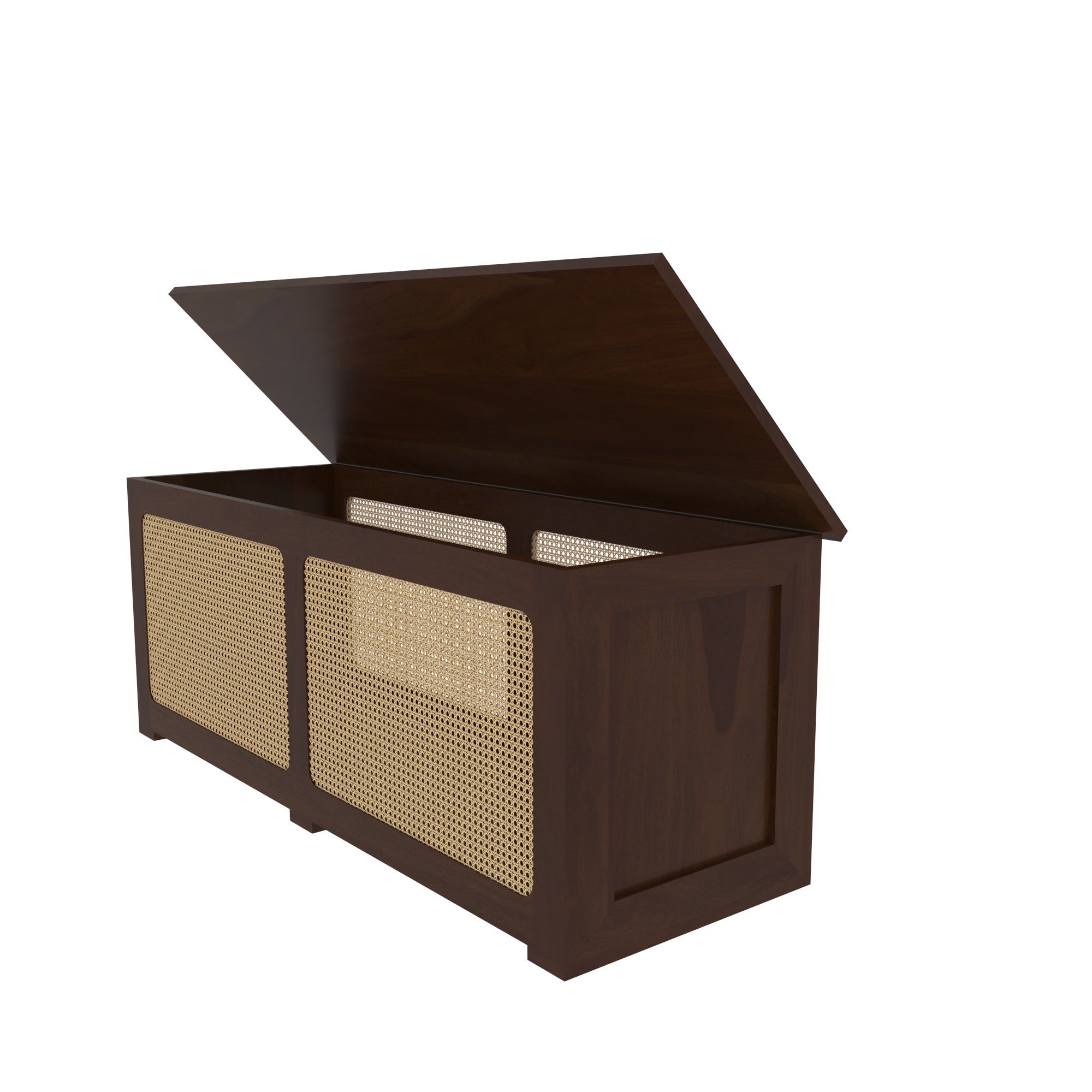 Handcrafted Large Wooden Storage Chest with Cane Webbing - Lift-Top Trunk Bench