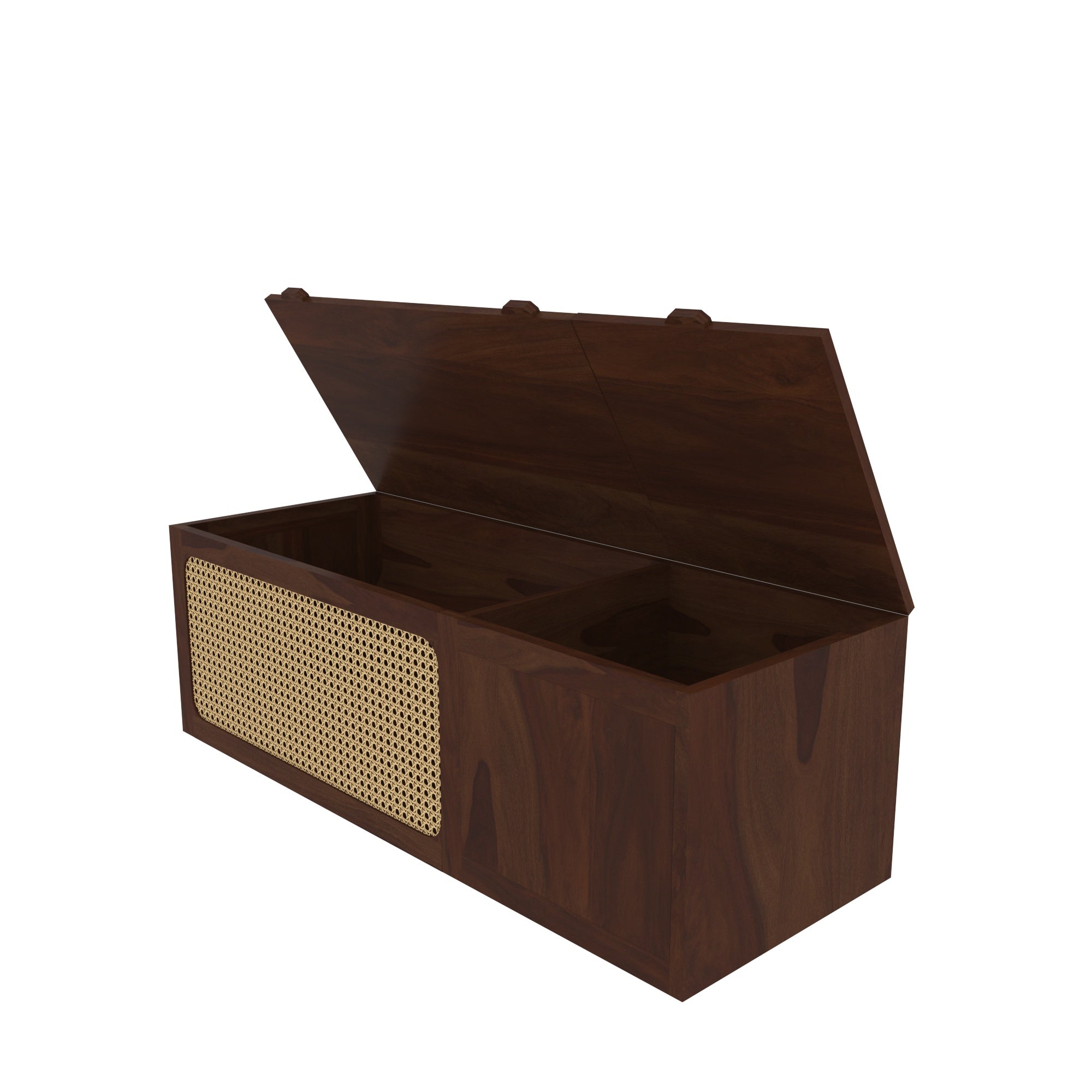 Handcrafted Wooden Storage Chest with Cane Webbing - Lift-Top Trunk Bench