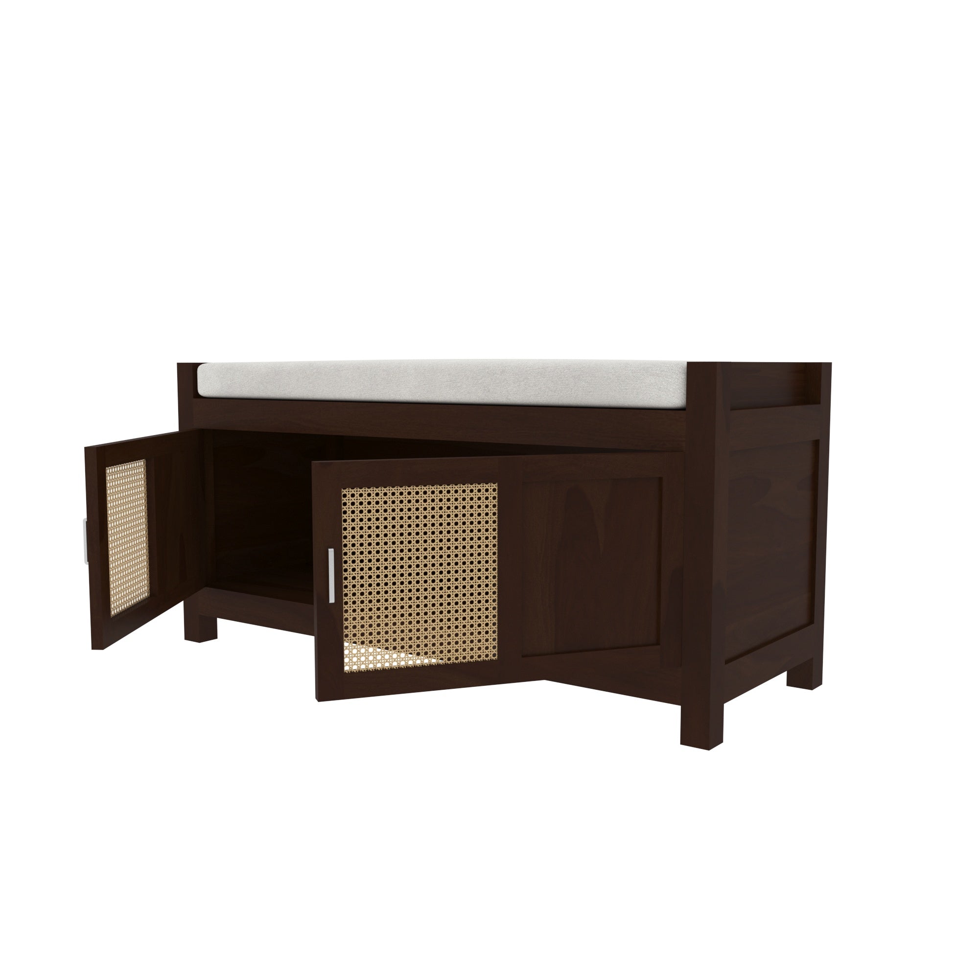 Handcrafted Wooden Storage Bench with Cane Webbing Doors - Grey Cushioned Top Bench