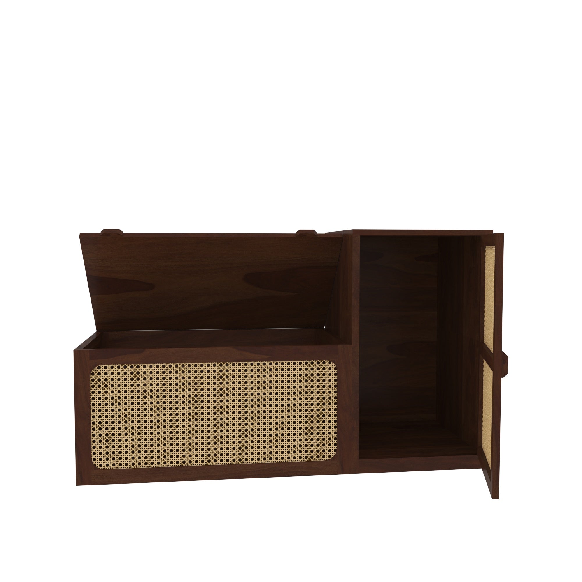 Handcrafted Wooden Storage Bench with Cane Webbing and Cushioned Top Shoe rack