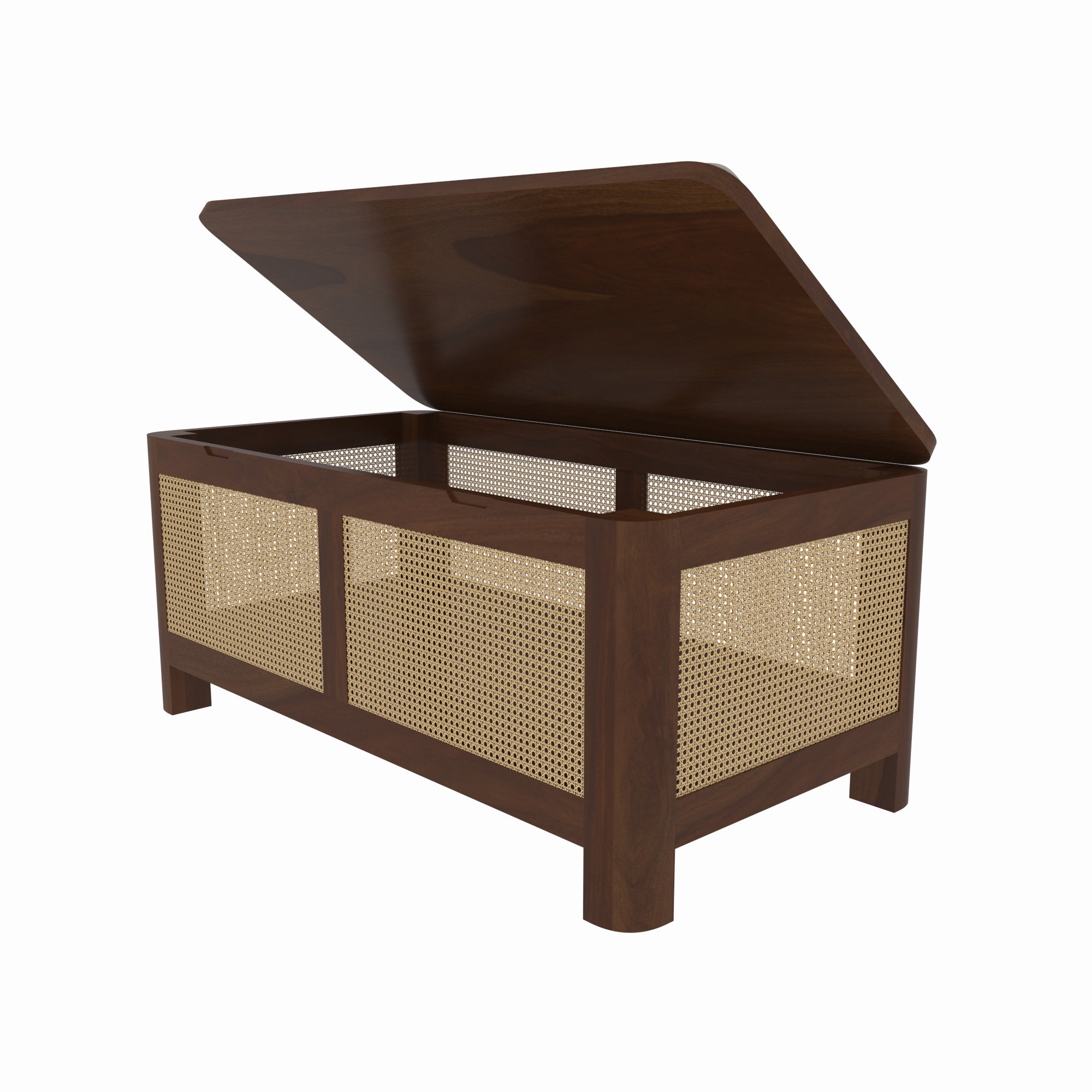 Handcrafted Wooden Storage Bench with 360-Degree Cane Webbing - Grey Cushioned Top Bench