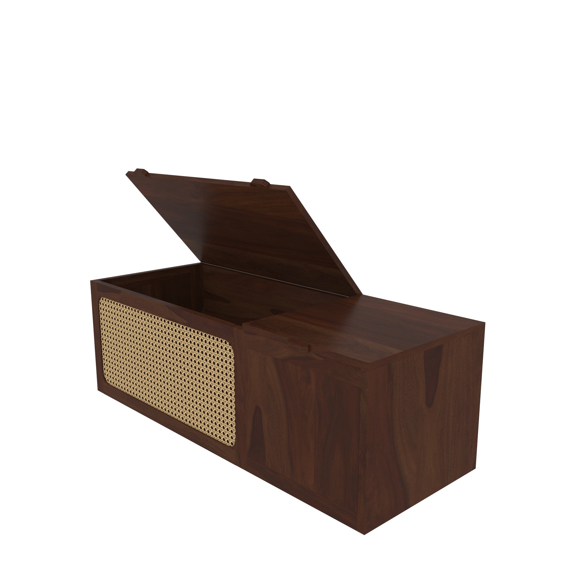 Handcrafted Wooden Storage Chest with Cane Webbing - Lift-Top Trunk Bench