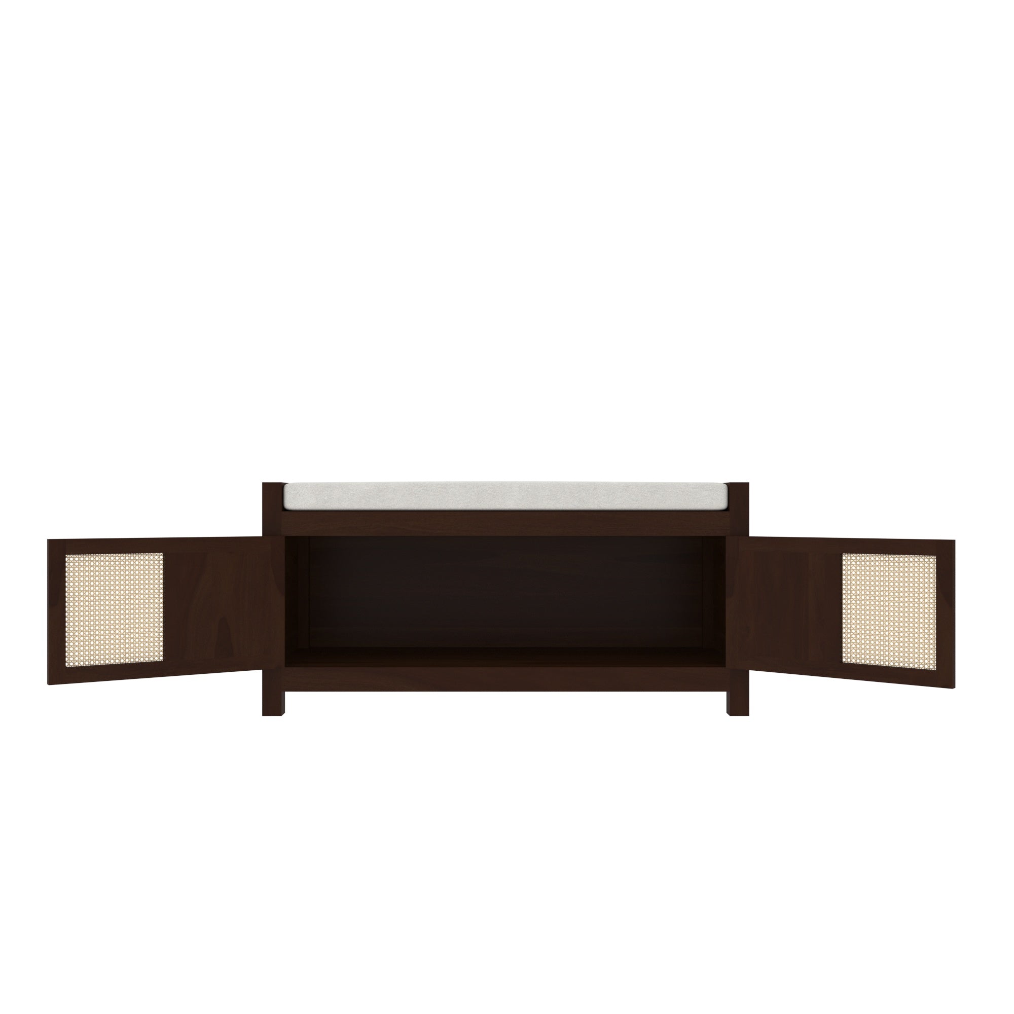 Handcrafted Wooden Storage Bench with Cane Webbing Doors - Grey Cushioned Top Bench