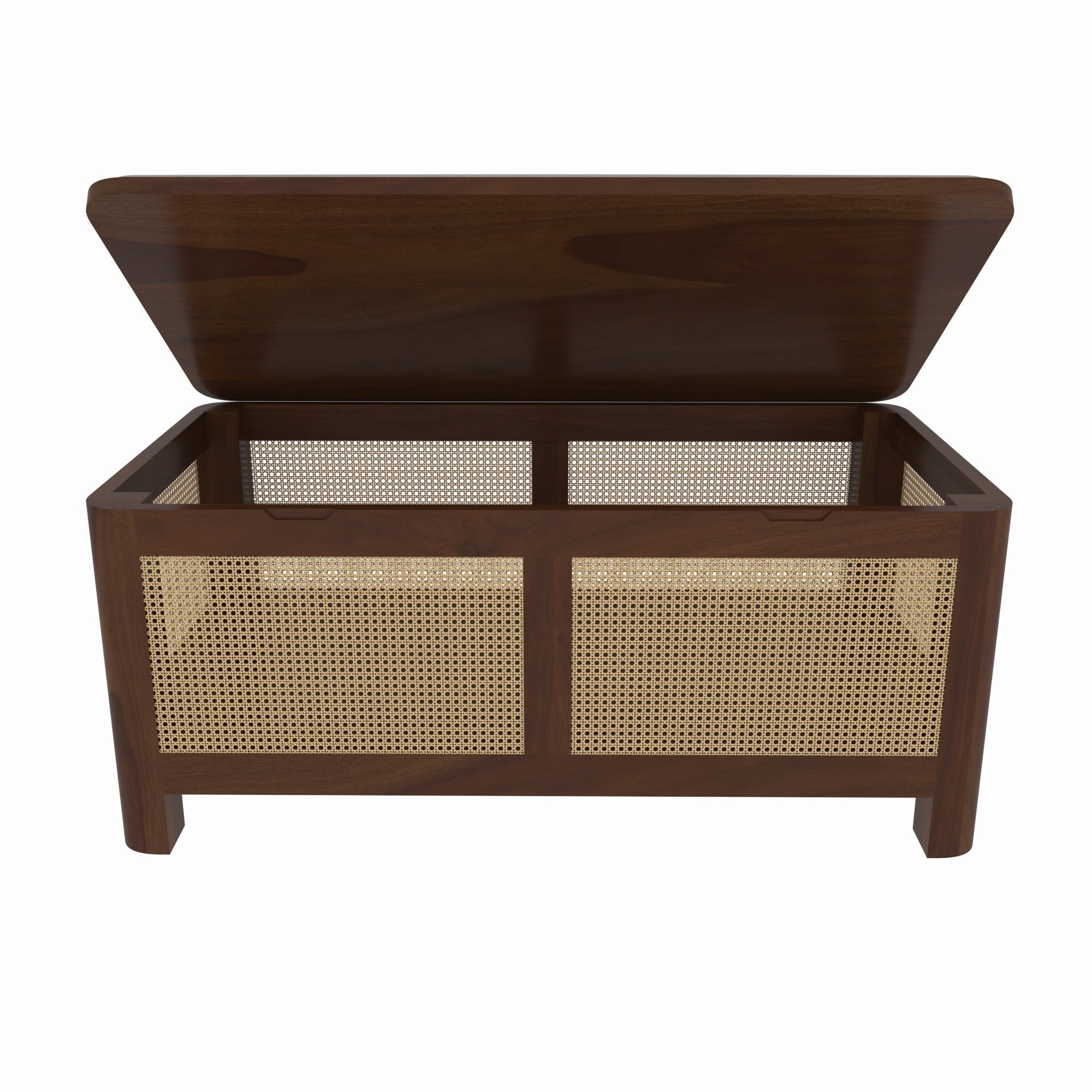 Handcrafted Wooden Storage Bench with 360-Degree Cane Webbing - Grey Cushioned Top Bench