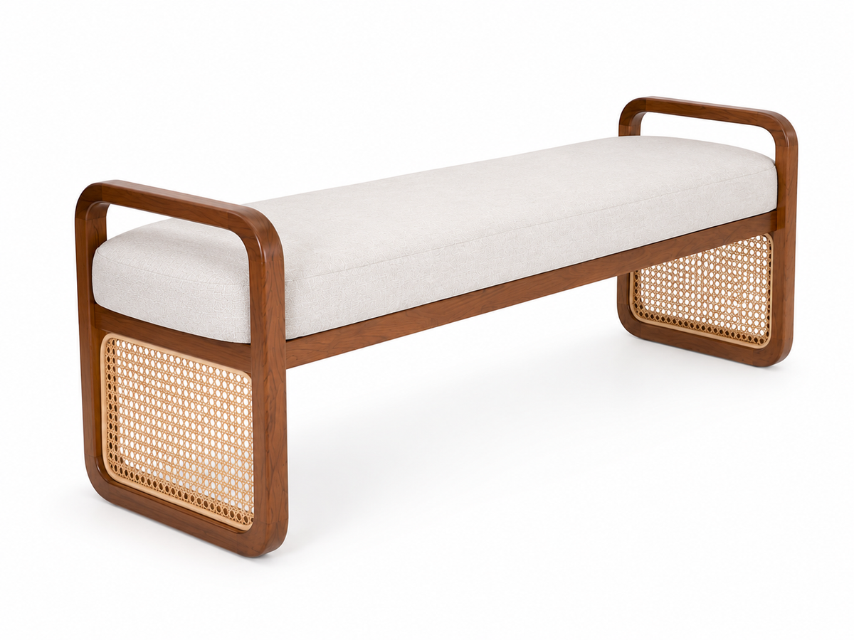 Contemporary Cane Bench with Upholstered Seat and Curved Armrests Bench