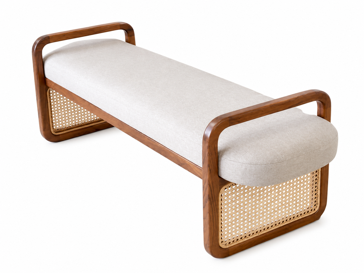 Contemporary Cane Bench with Upholstered Seat and Curved Armrests Bench