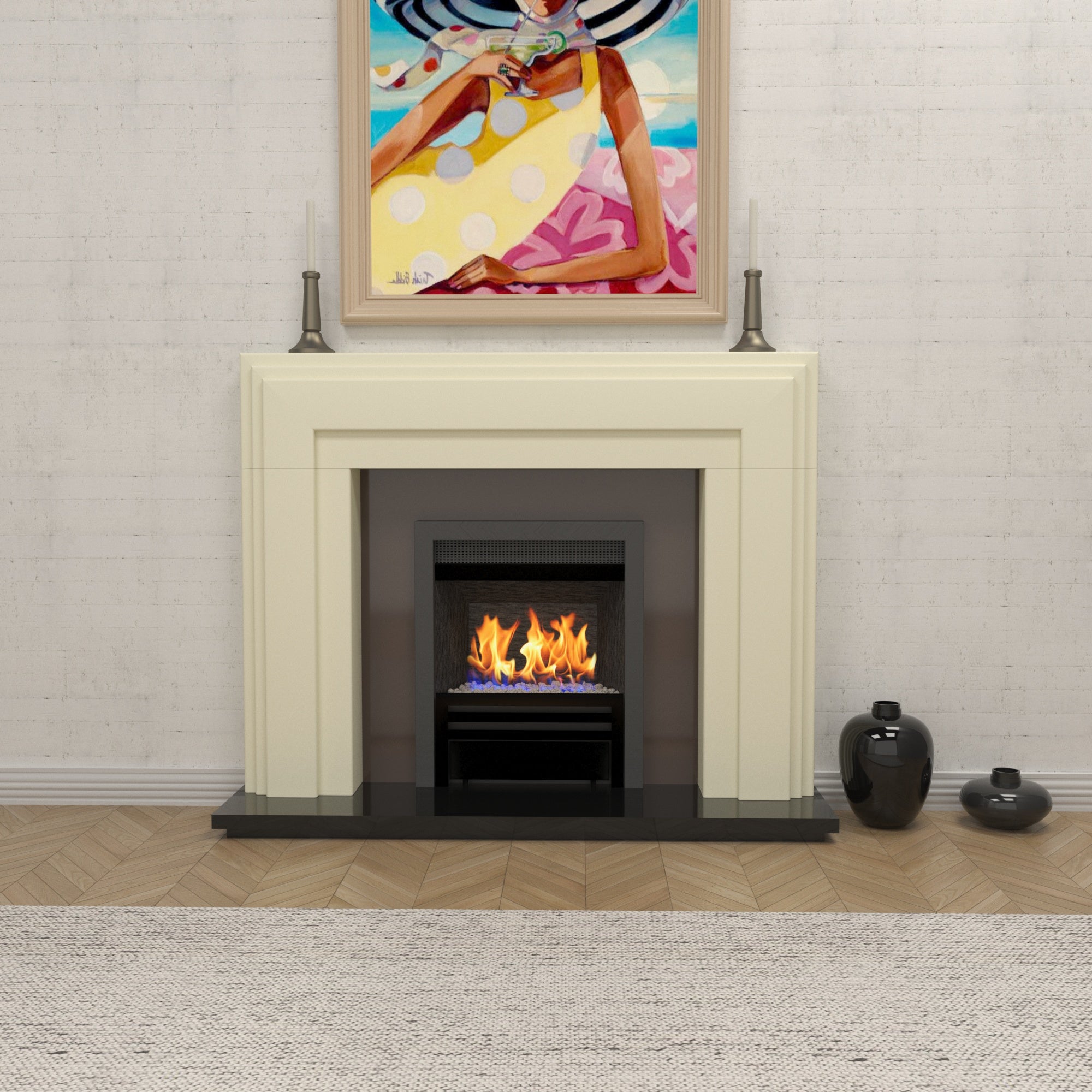 Contemporary Fireplace Mantel with Cream Finish and Black Granite Finish Base Fire Mantel