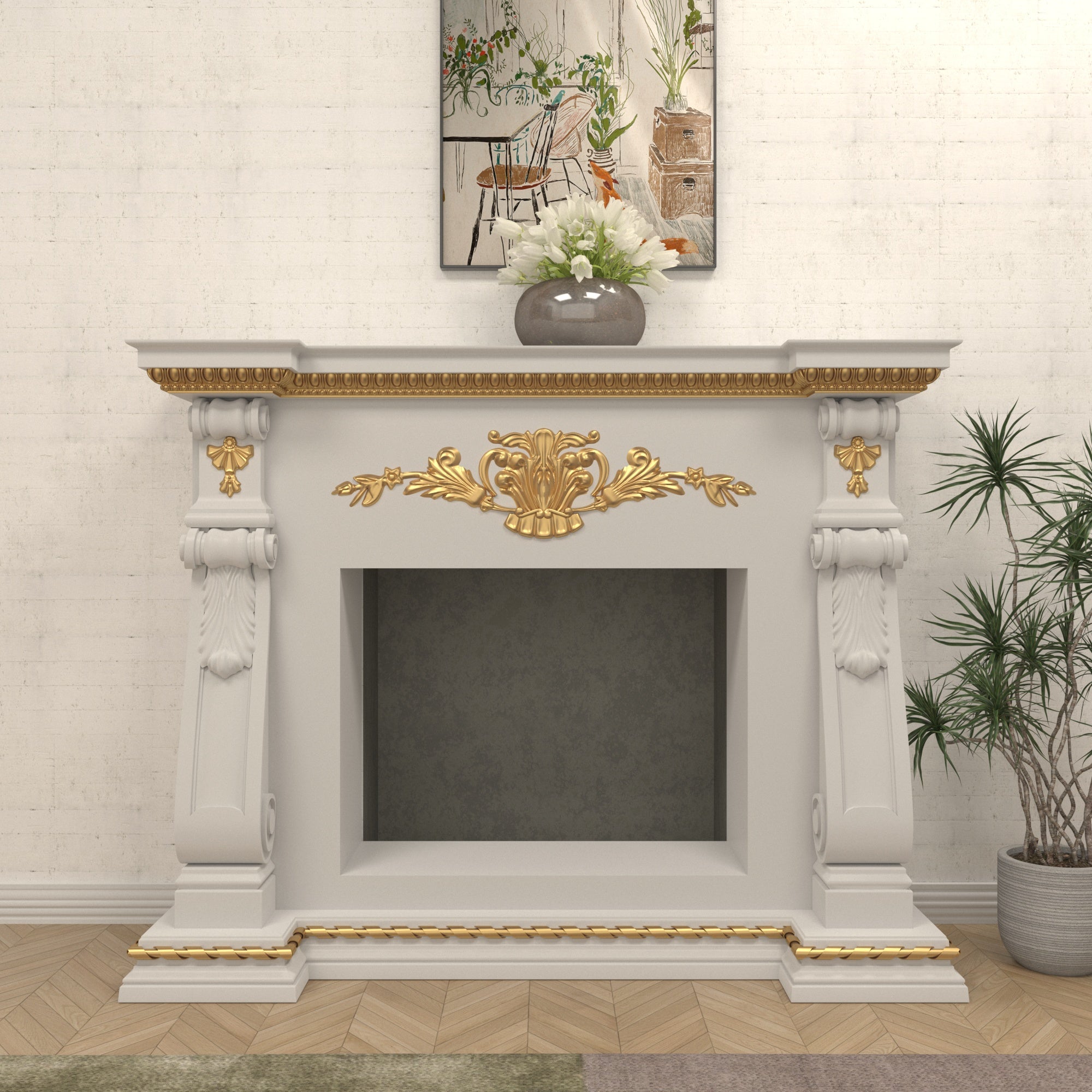 Luxury Baroque Fireplace Mantel with Gold Leaf Accents and Twisted Columns Fire Mantel