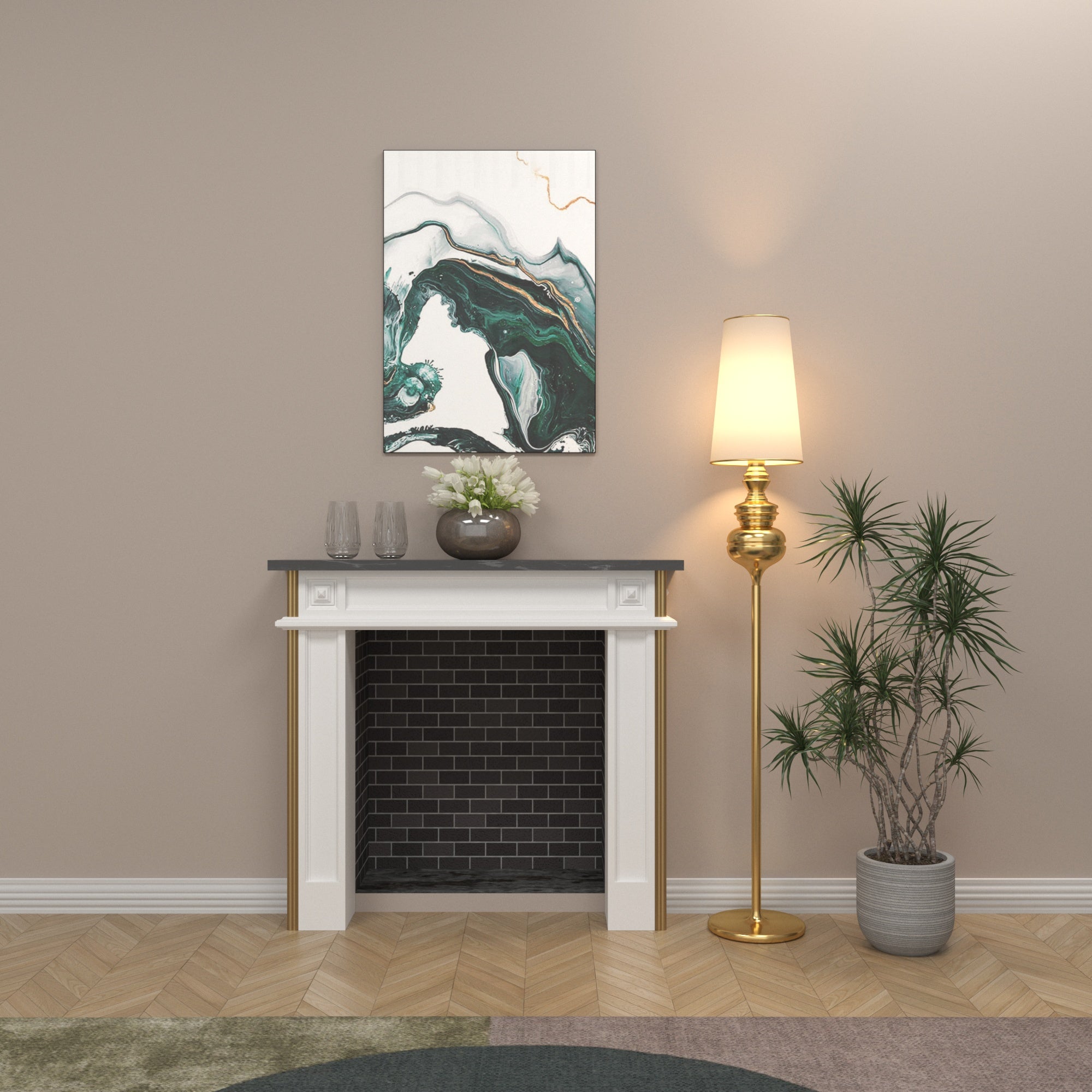 Classic Fireplace Mantel with Gold Accent Details and Dark Top Fire Mantel