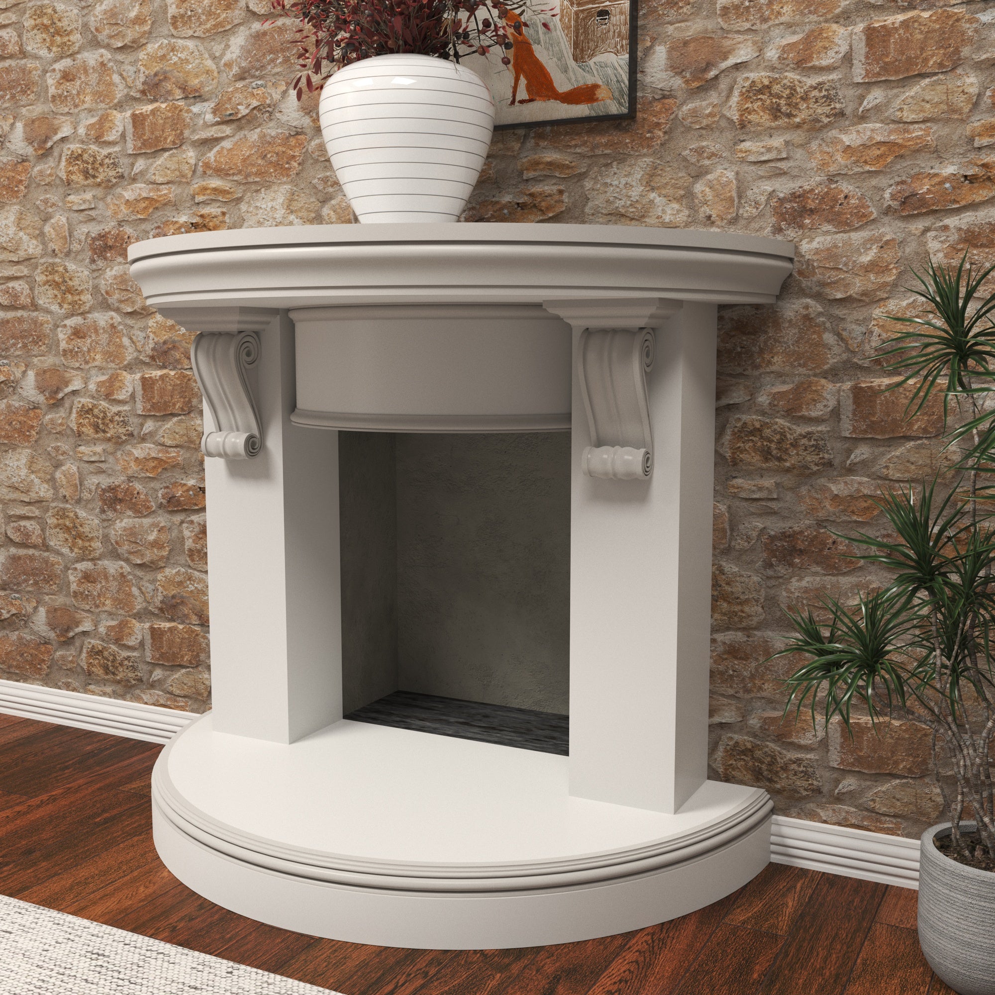 Elegant Round Fireplace Mantel with Curved Scroll Brackets Fire Mantel