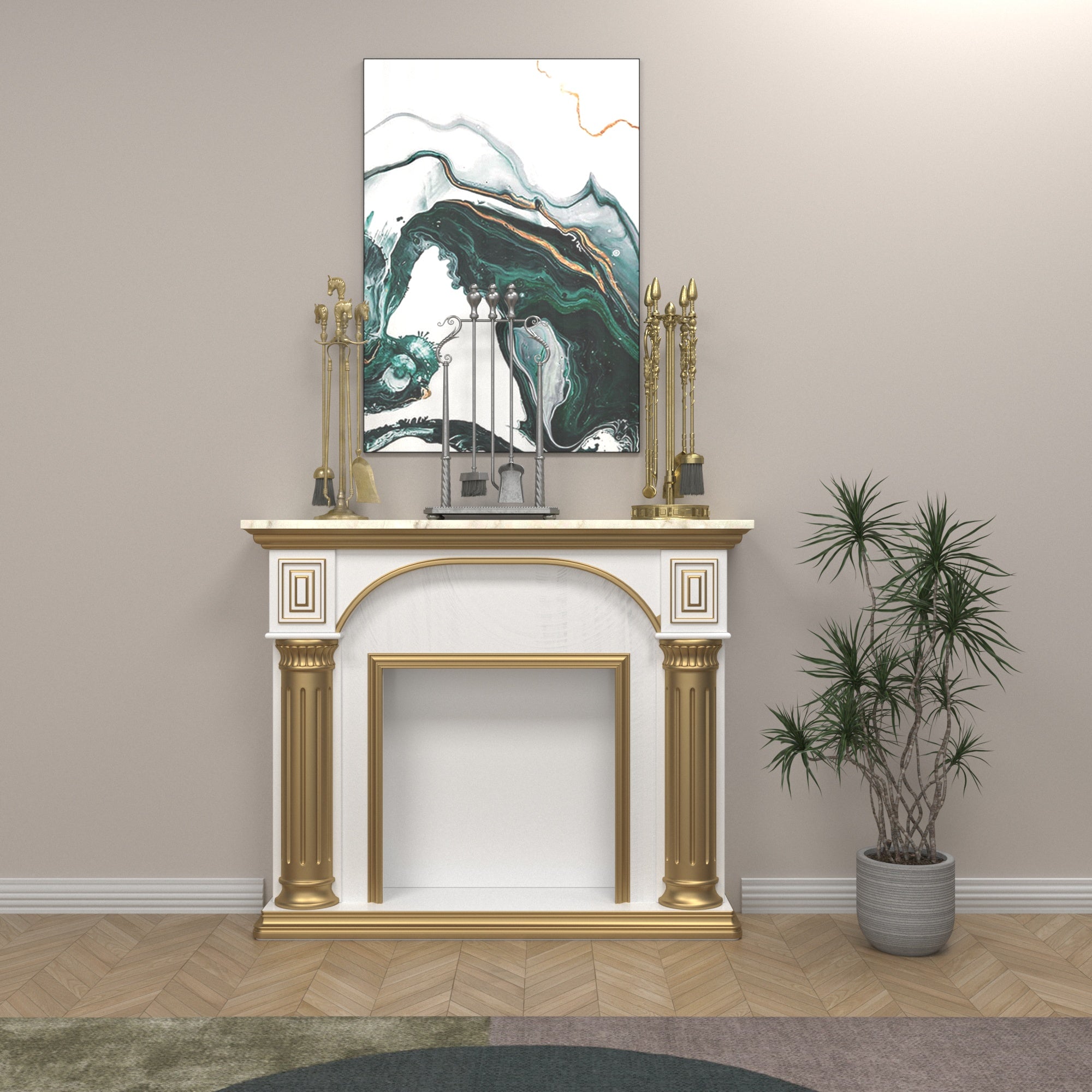Elegant White Fireplace Mantel with Gold Trim 47