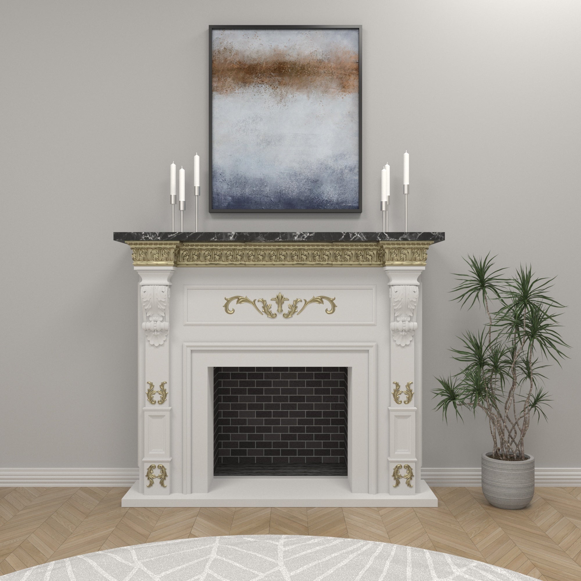 Ornate Fireplace Mantel with Hand-Carved Details and Dark Contrasting Top Fire Mantel
