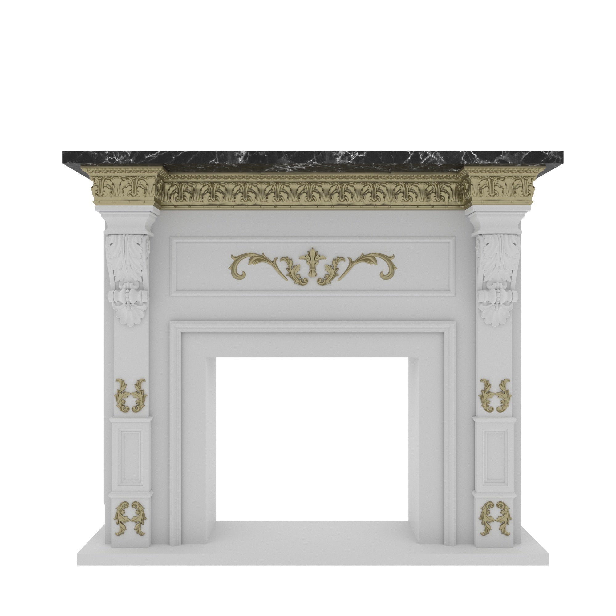 Ornate Fireplace Mantel with Hand-Carved Details and Dark Contrasting Top Fire Mantel