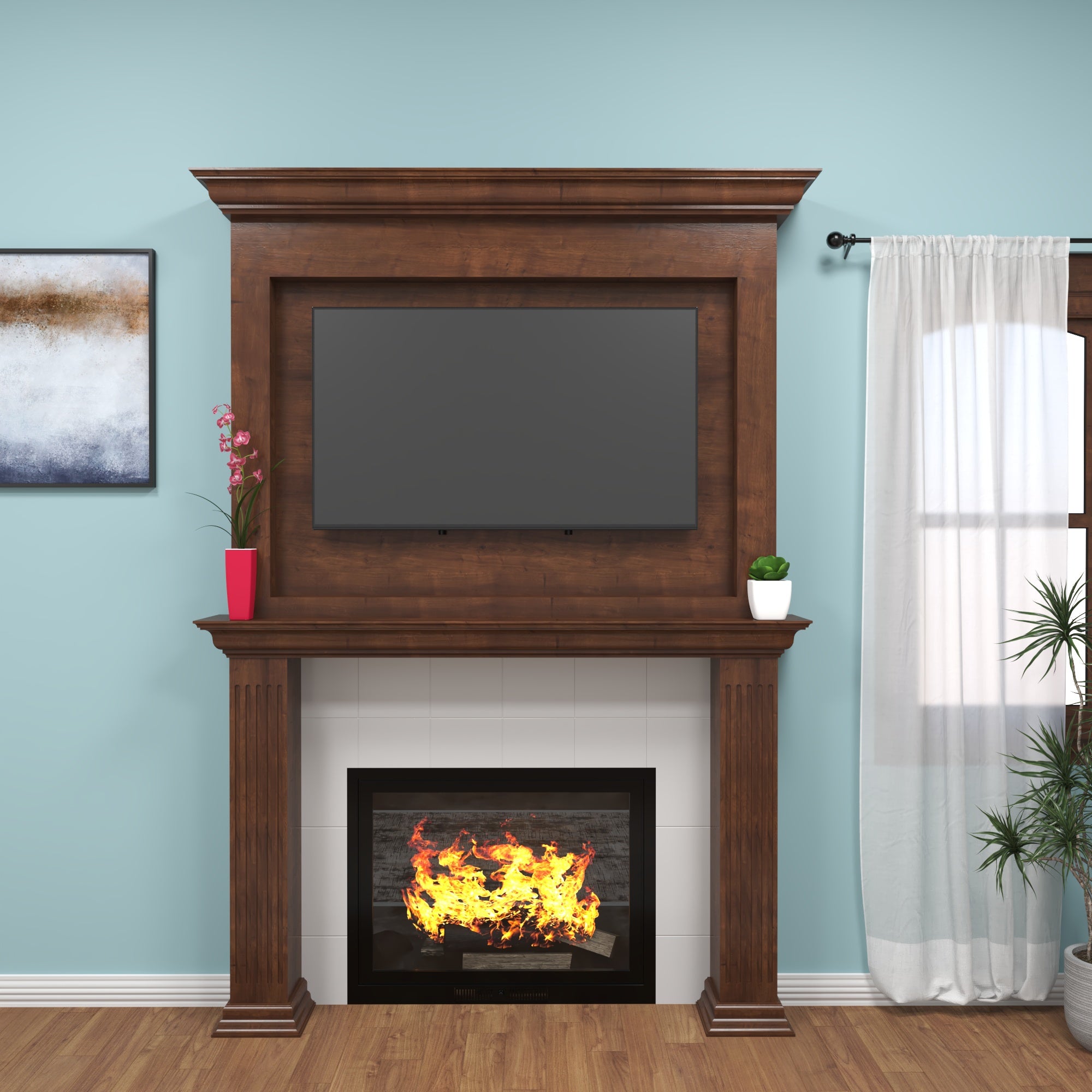 Classic Solid Wood Fireplace TV Unit with Wall Panel & Mantel Design Fire Mantel