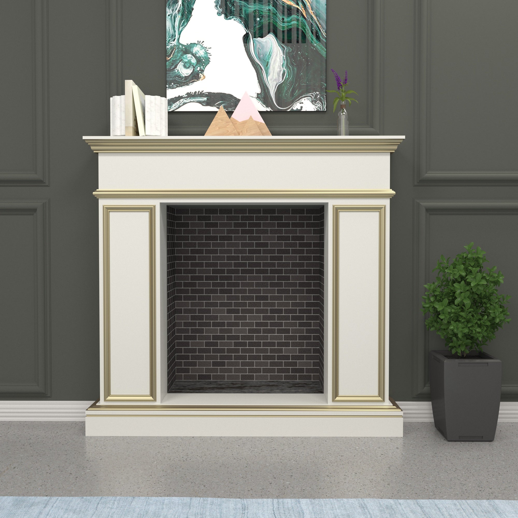 Classic White Fireplace Mantel with Gold Trim - 51" Traditional Fire Surround Fire Mantel