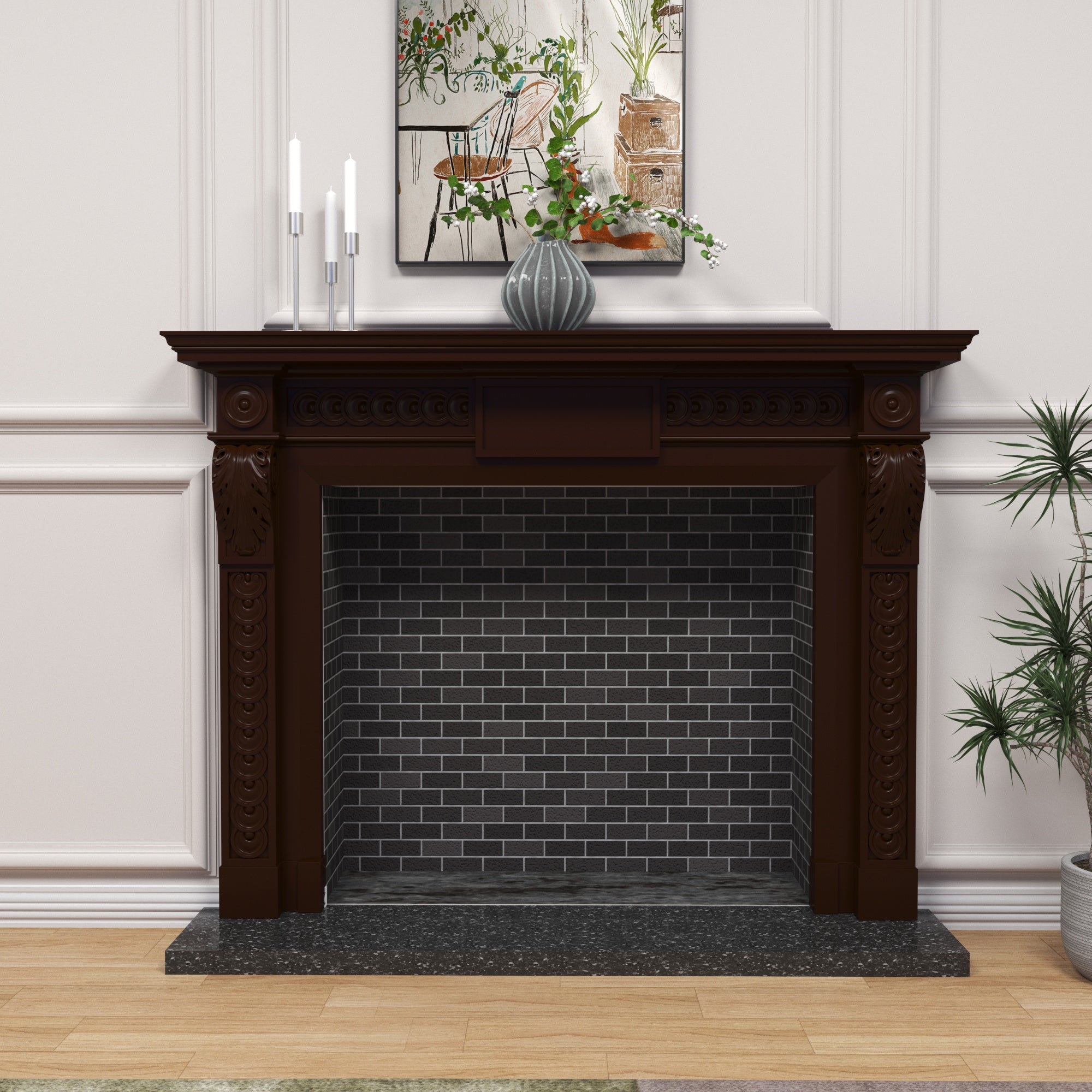 Traditional Dark Wood Fireplace Mantel with Carved Rosette Details Fire Mantel