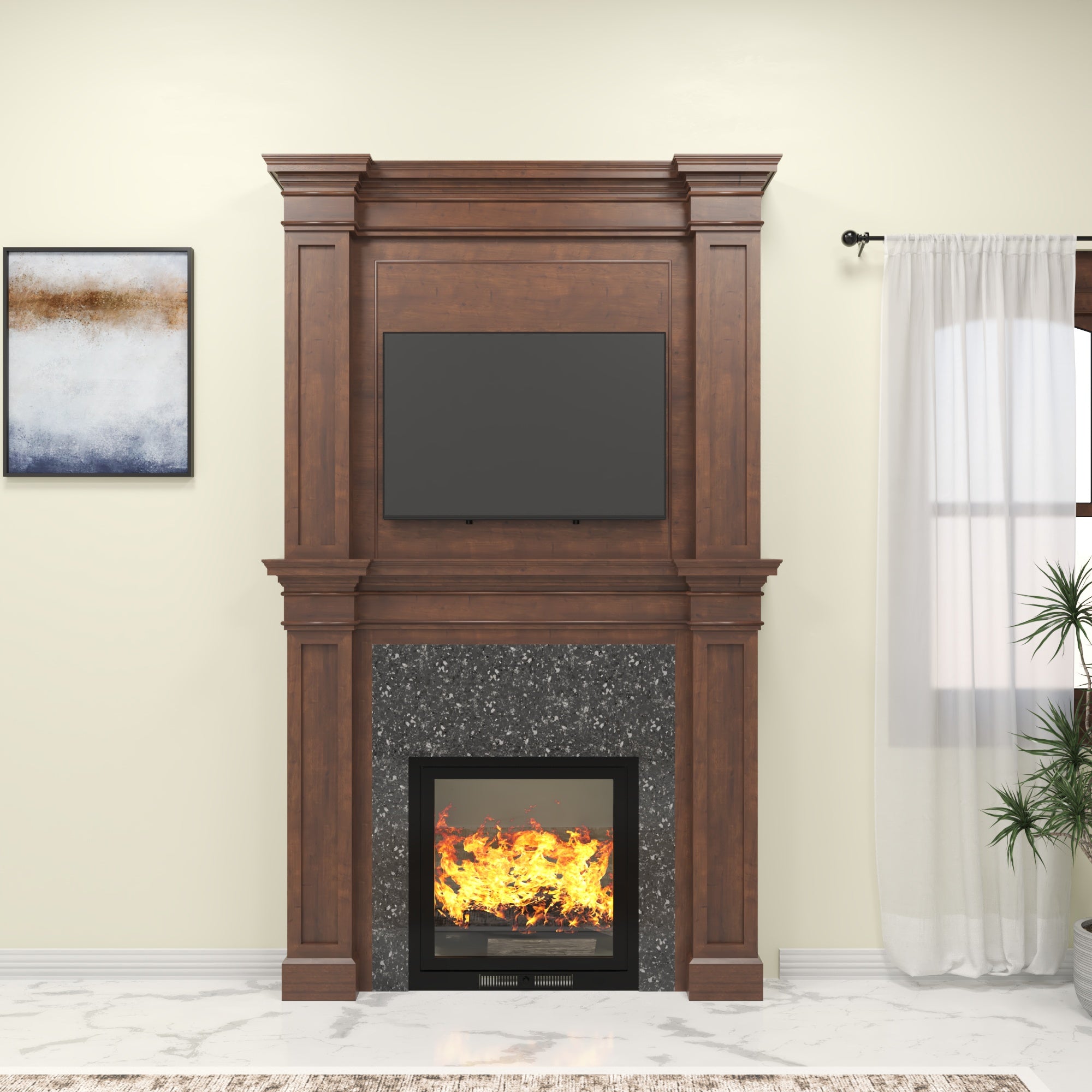 Grand Solid Wood Fireplace TV Unit with Paneled Columns Fire Mantel