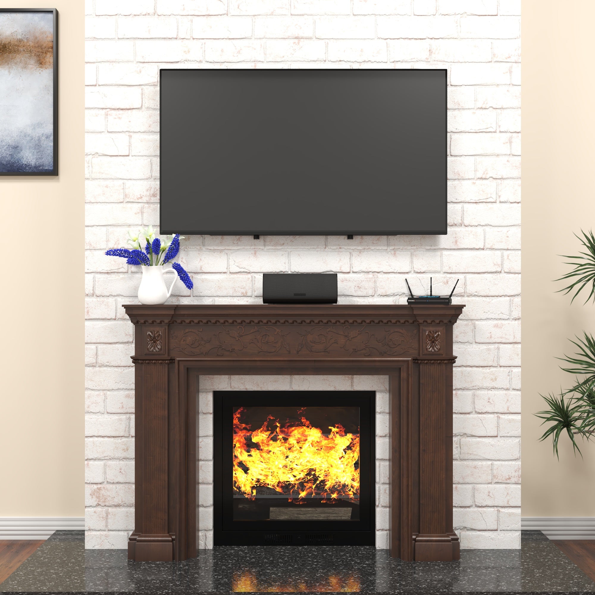 Hand-Carved Solid Wood Fireplace Mantel Unit Fire Mantel