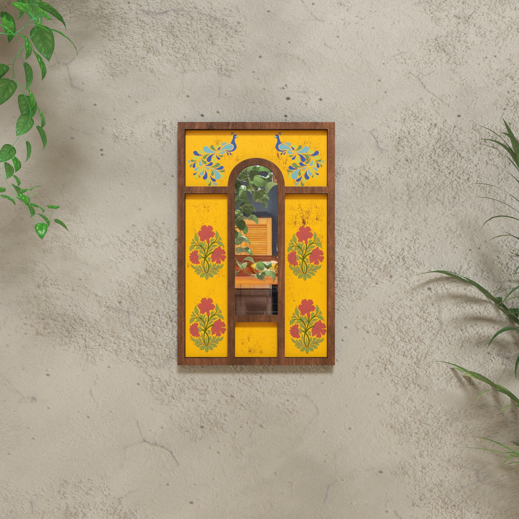Rustic Arched Wooden Frame with Hand-Painted Peacocks & Floral Art Wall Decor