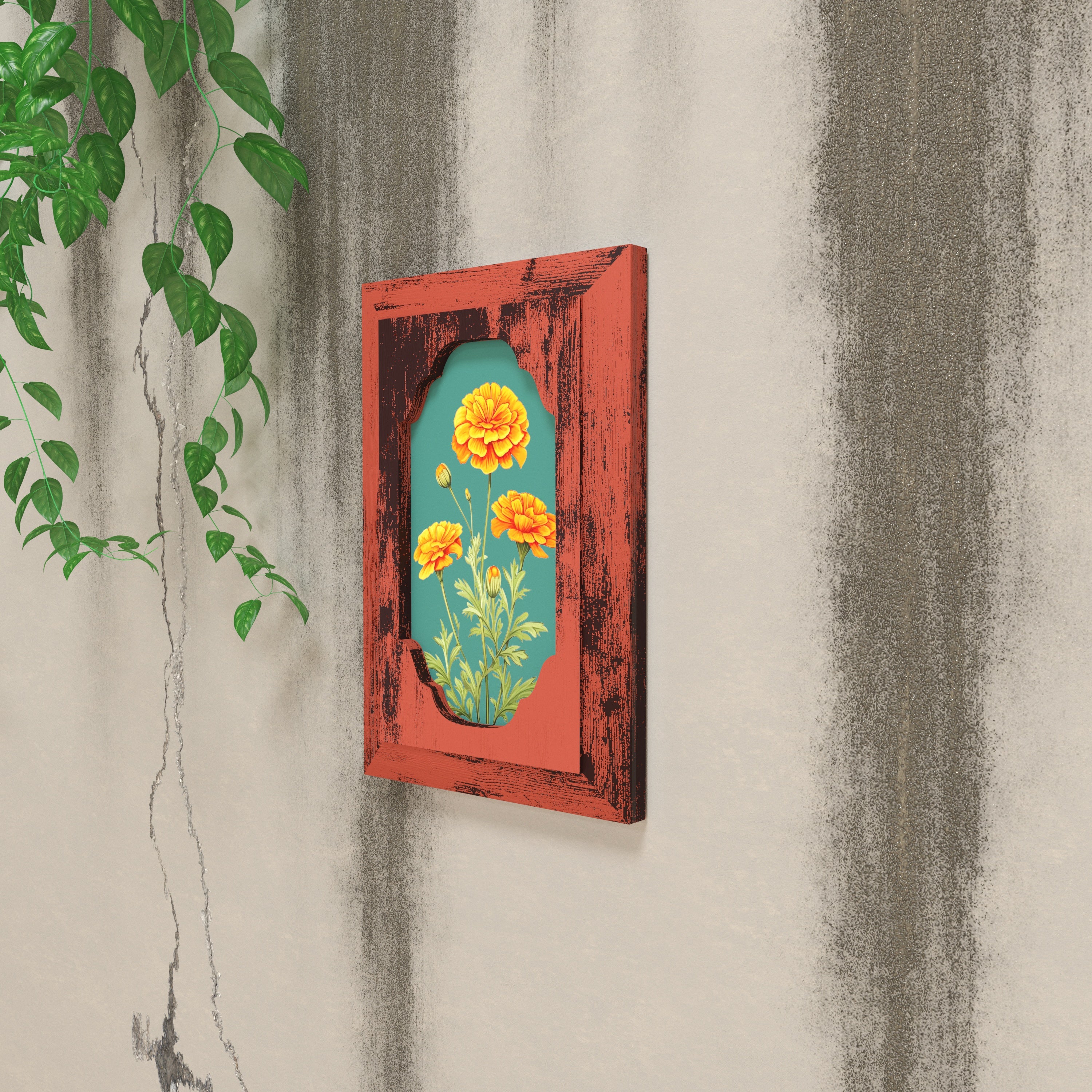 Vintage Floral Wall Art – Marigold Blossom in Rustic Red Frame Wall Decor