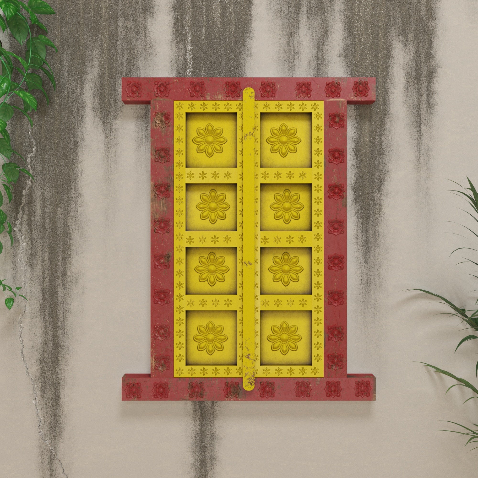 Handcrafted Vintage Yellow Floral Wooden Window Frame Wall Decor