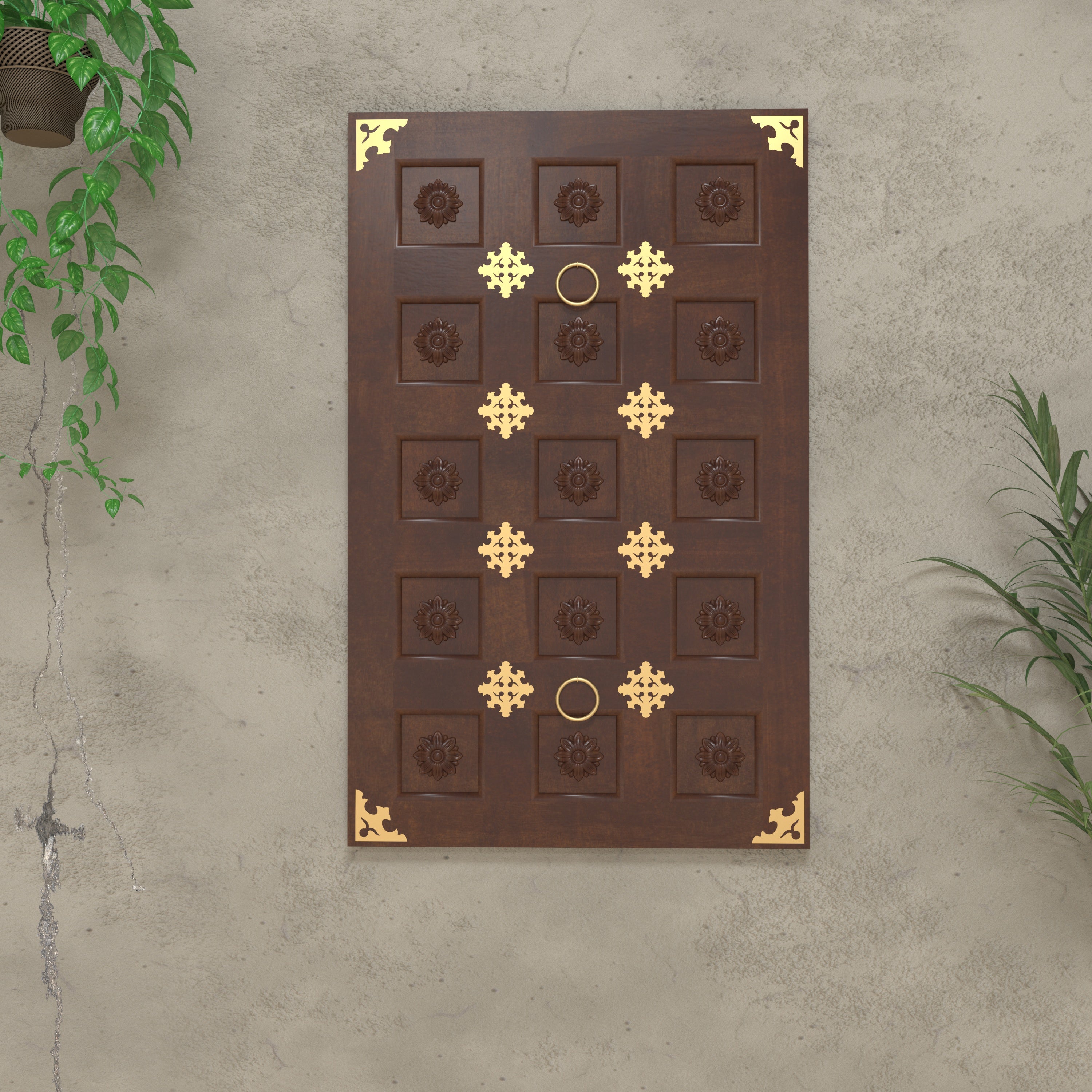 Traditional Brass-Accented Wooden Wall Panel – Temple Door Style Décor Wall Decor