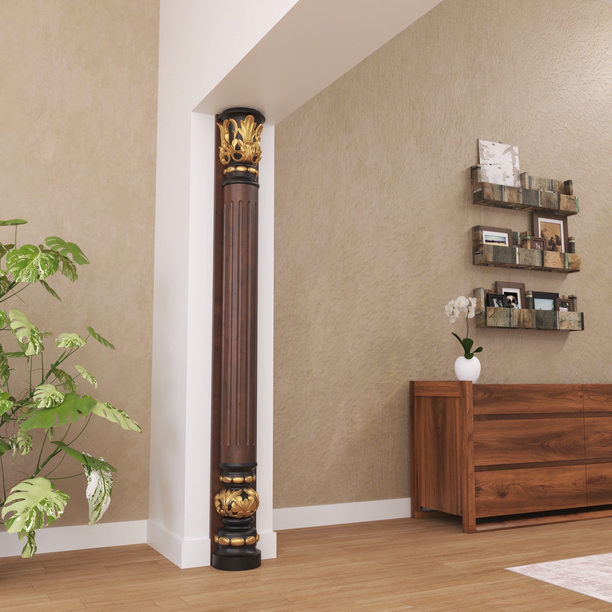 Imperial Fluted Pillar with Ornate Gold Leaf Capitals Pillar
