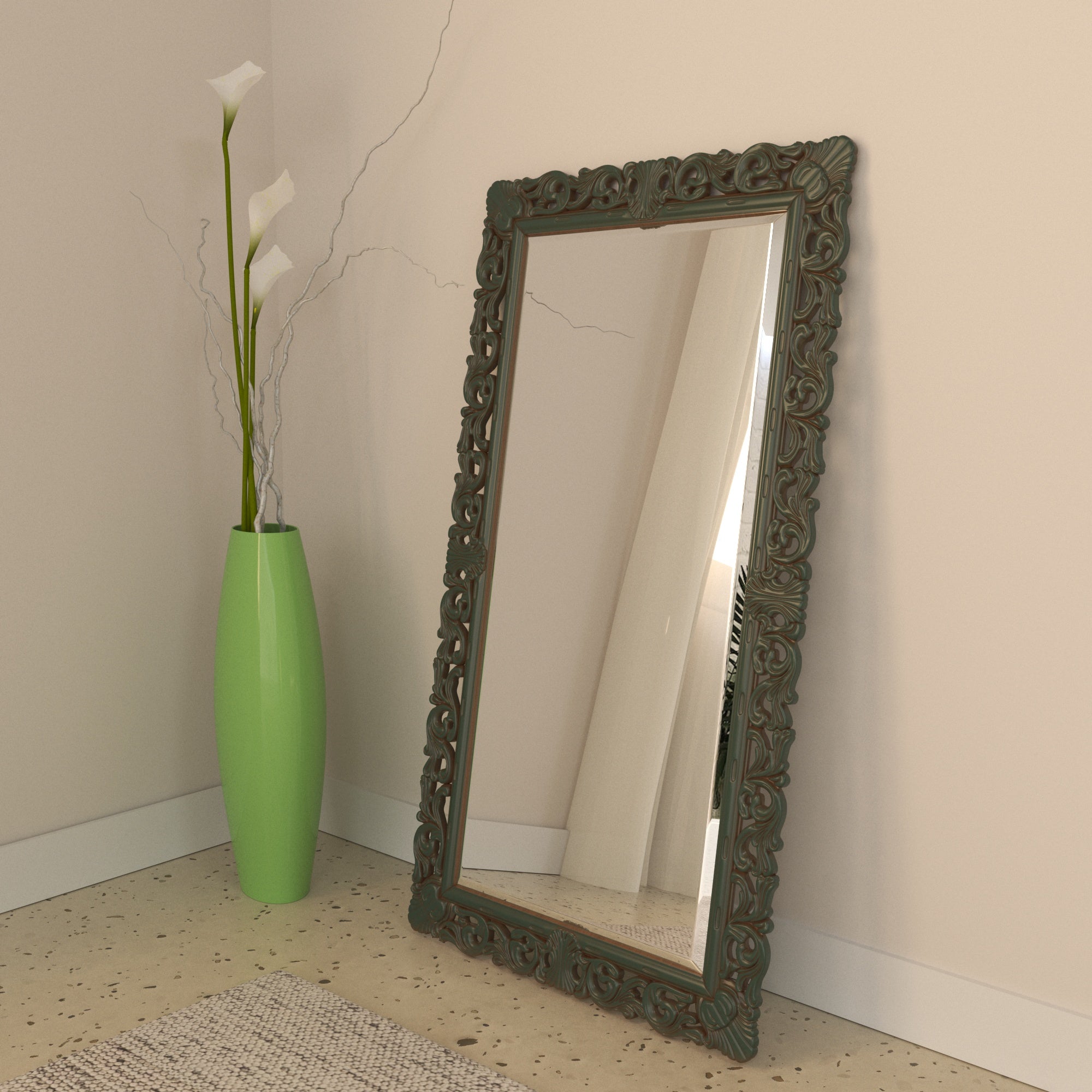 Ornate Full Length Floor Mirror with Hand-Carved Leaf Pattern Frame Mirror
