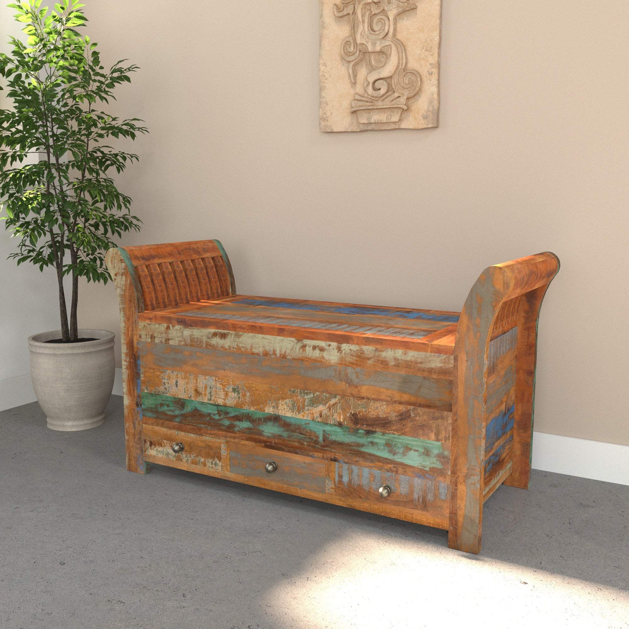Colorful Reclaimed Wood Storage Bench - Sleigh Style Entryway Seat Bench