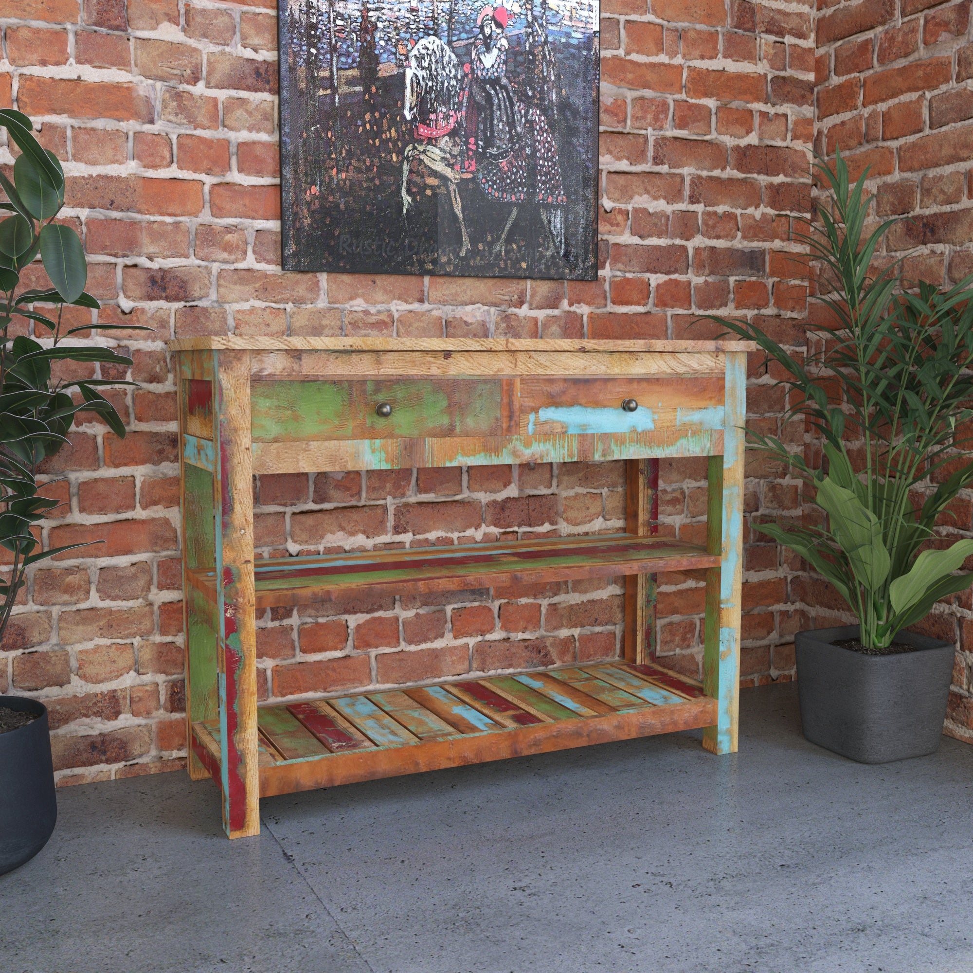 Colorful Reclaimed Wood Console Table - Entryway Storage Unit Cupboard