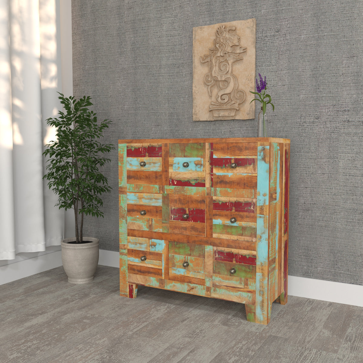 Colorful Reclaimed Wood Sideboard - Multi-Drawer Storage Cabinet
