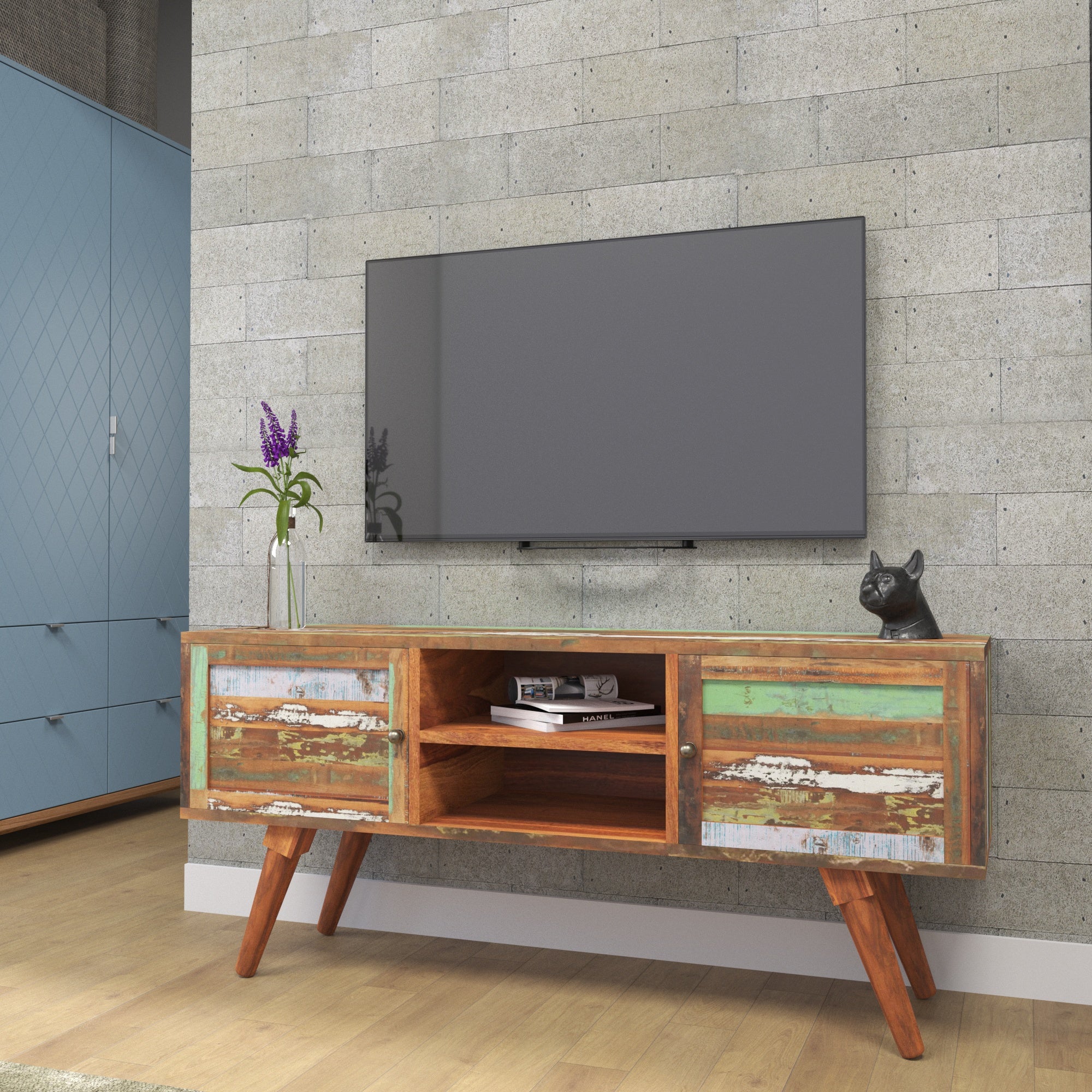 Colorful Reclaimed Wood TV Stand - Mid-Century Entertainment Console Tv stand