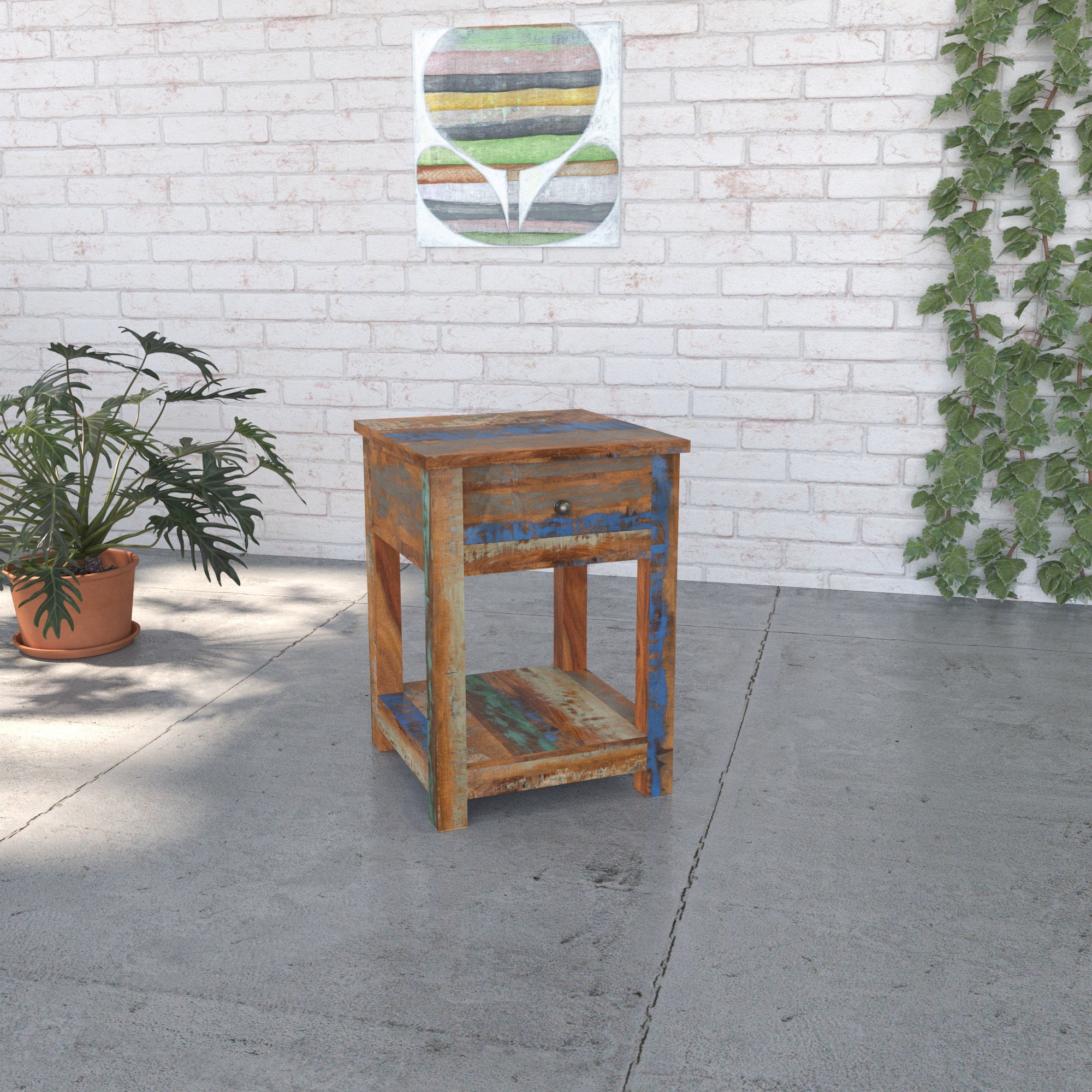 Colorful Reclaimed Wood Bedside Table - Nightstand with Drawer Bedside