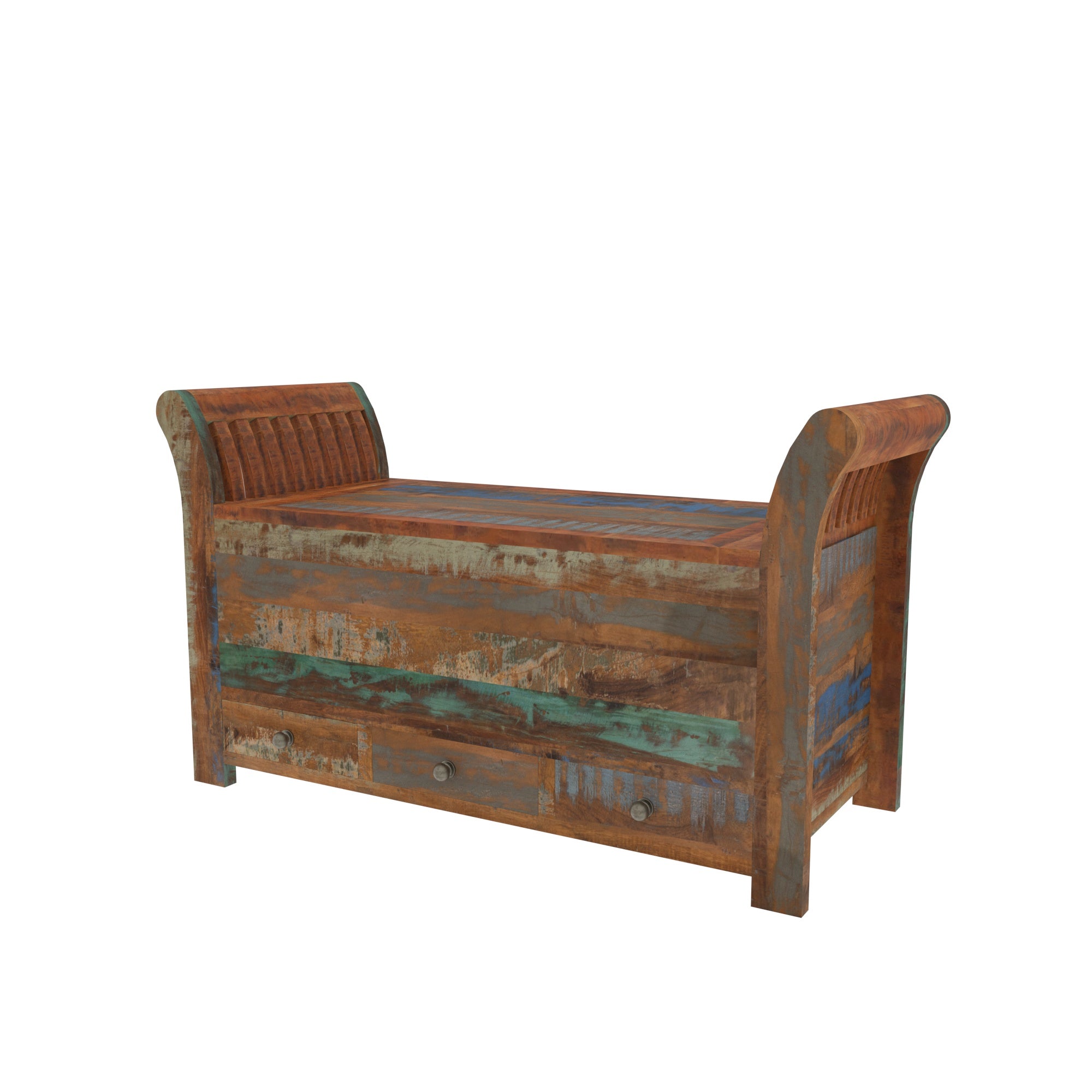Colorful Reclaimed Wood Storage Bench - Sleigh Style Entryway Seat Bench